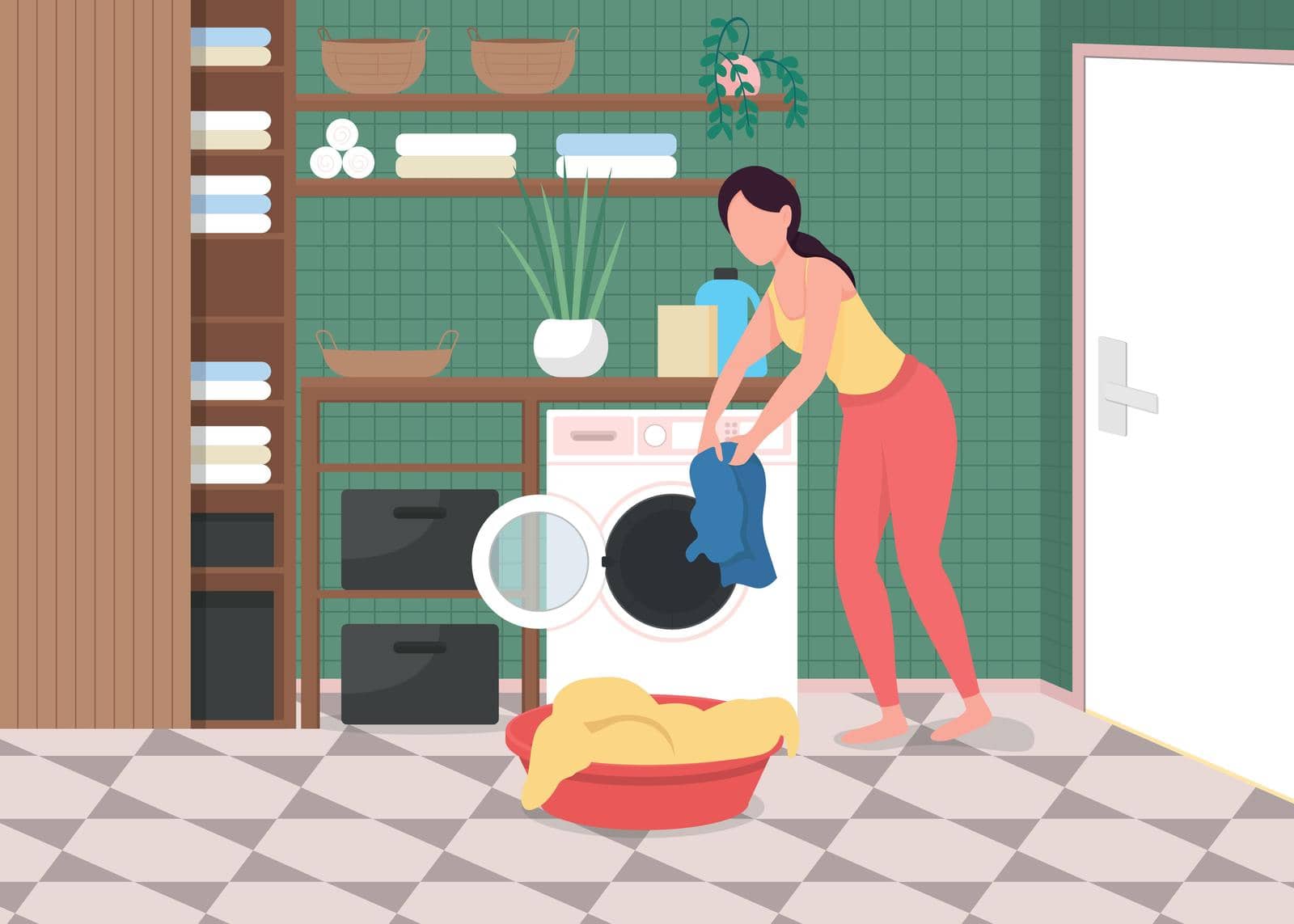 Laundry at home flat color vector illustration. Everyday house chores. Washing machine. Housework, housekeeping. Woman with clean clothes 2D cartoon character with bathroom interior on background