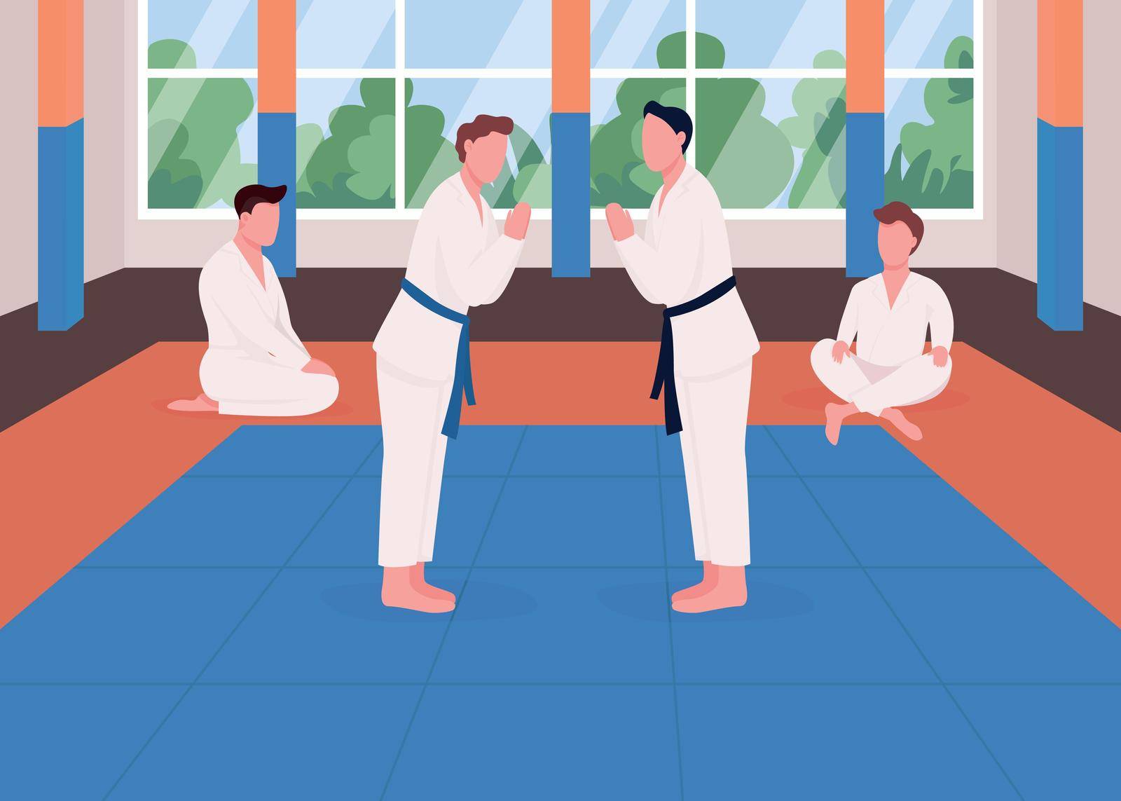 Martial arts training flat color vector illustration. Kung fu school. Taekwondo competition. Athlete prepare for fighting. Karate students 2D cartoon characters with dojo interior on background