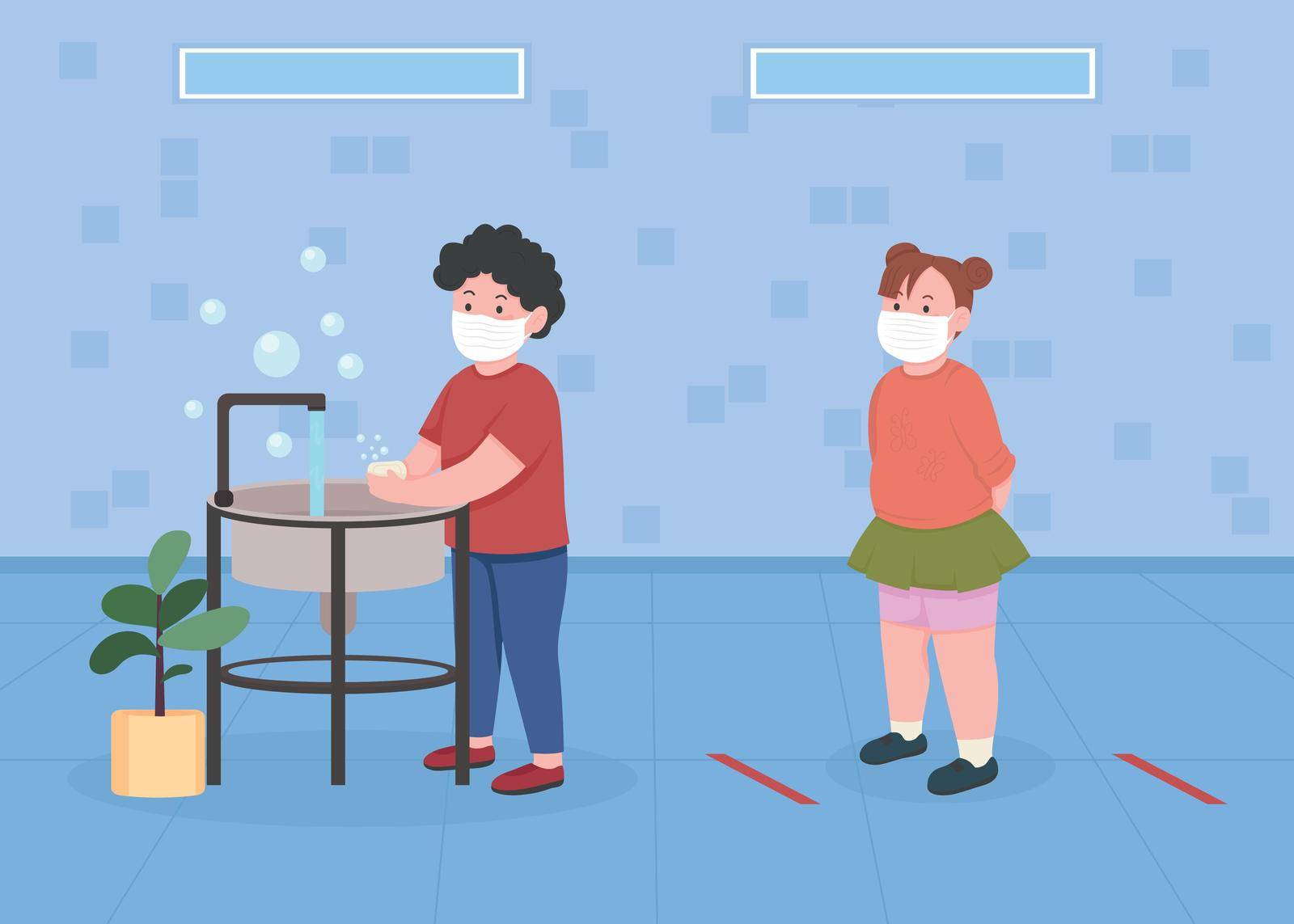 Children in bathroom with social distance flat color vector illustration. Queue in kindergarten toilet to wash hands. Kids in masks 2D cartoon characters with preschool washroom on background