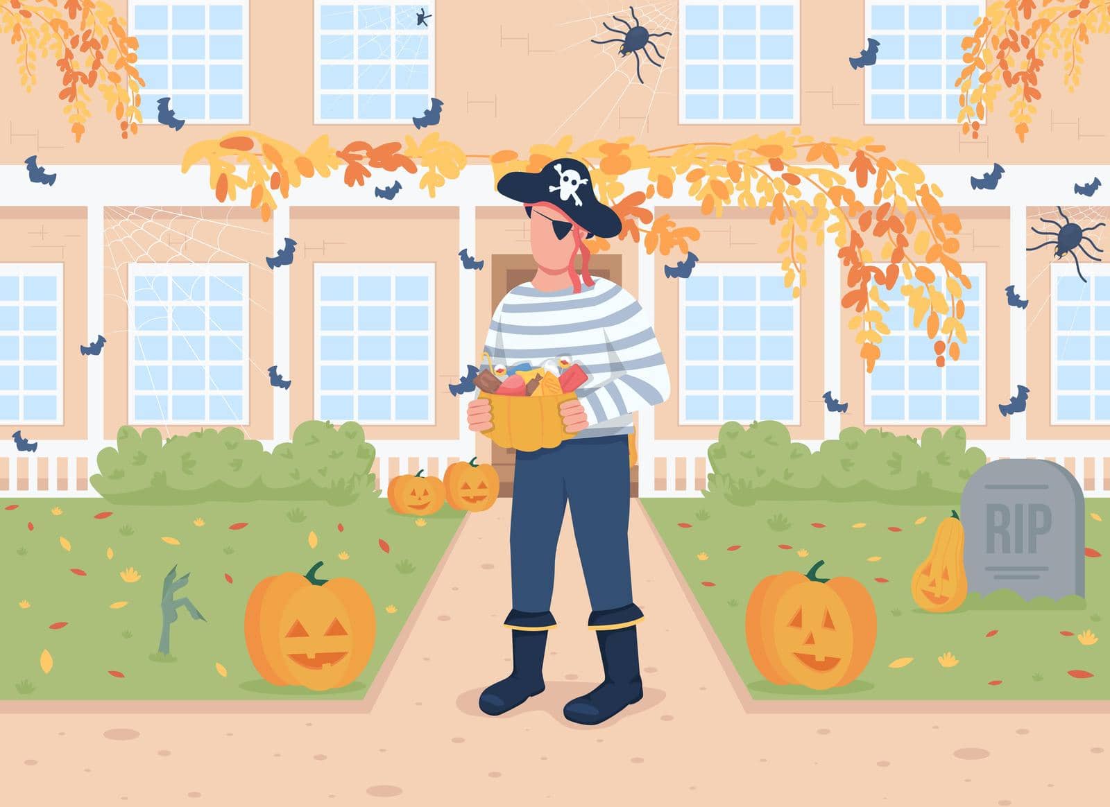 Halloween trick or treat flat color vector illustration. Celebrating autumnal holiday. Person with candies. Man in pirate costume 2D cartoon character with decorated home exterior on background