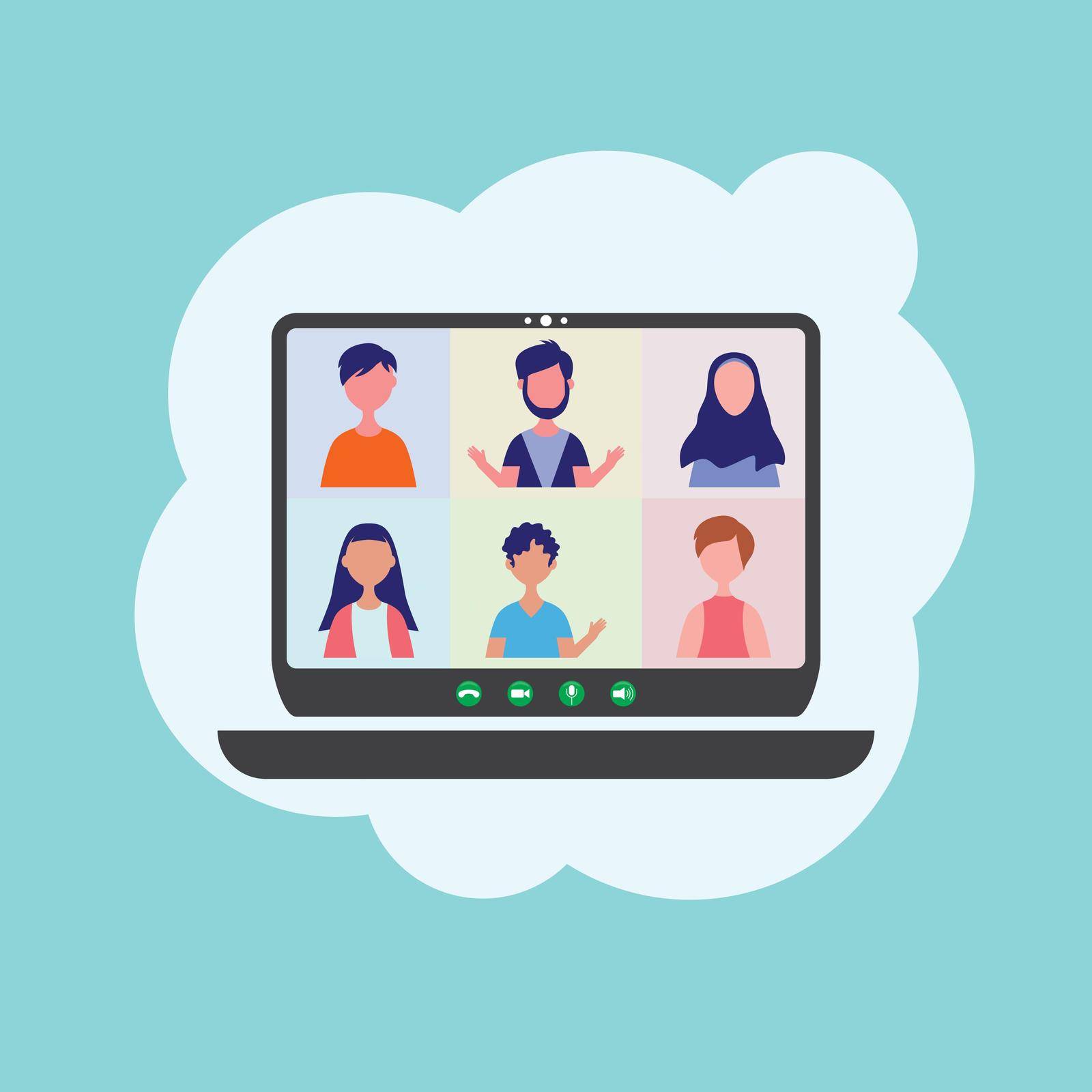 Video conference with character people group flat design