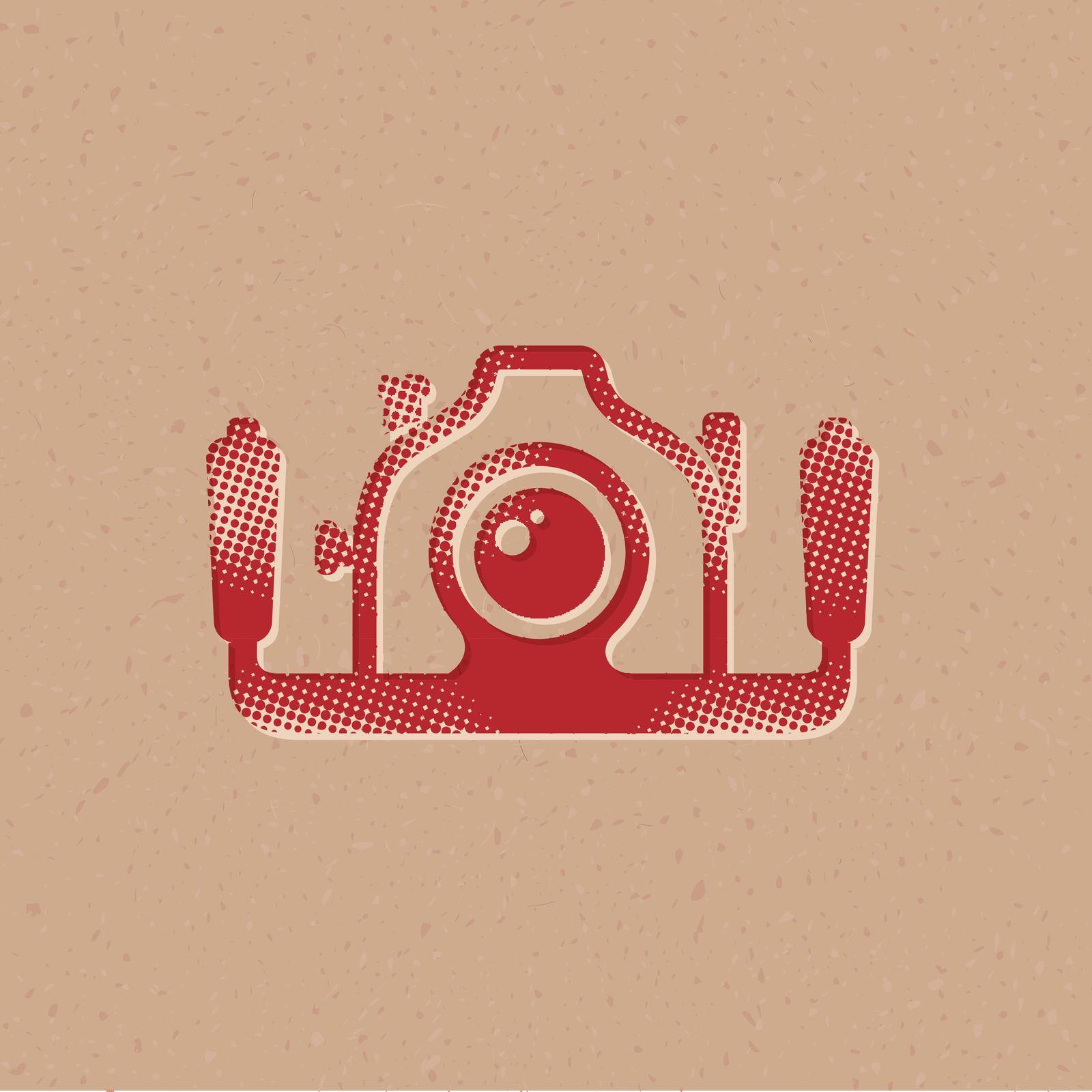 Underwater camera icon in halftone style. Grunge background vector illustration.