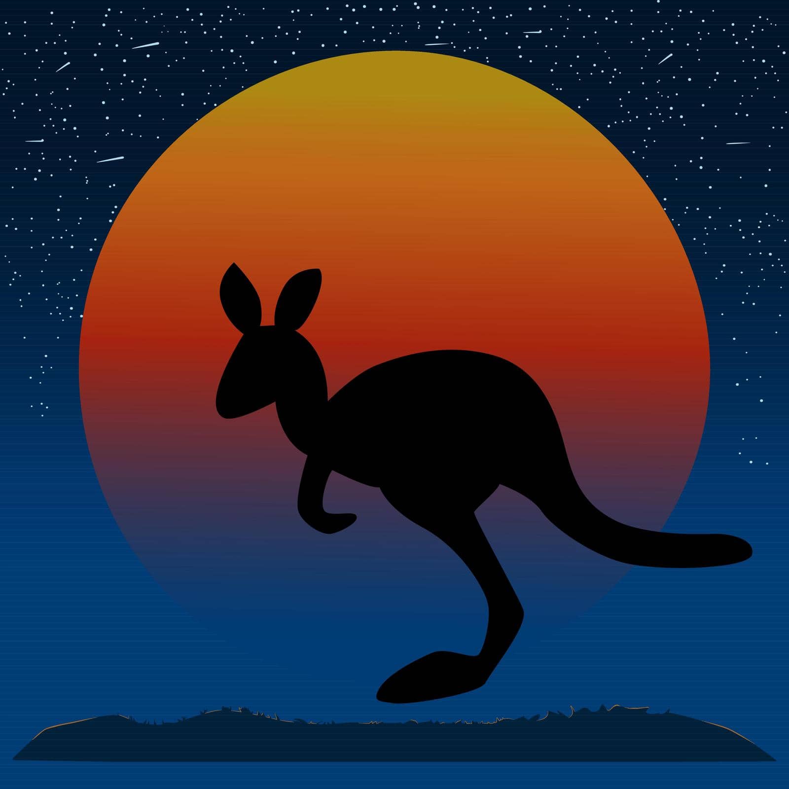 Kangaroo silhouette at sunset background. Sundown in Australia with stars sky and wallaby figure. by KajaNi