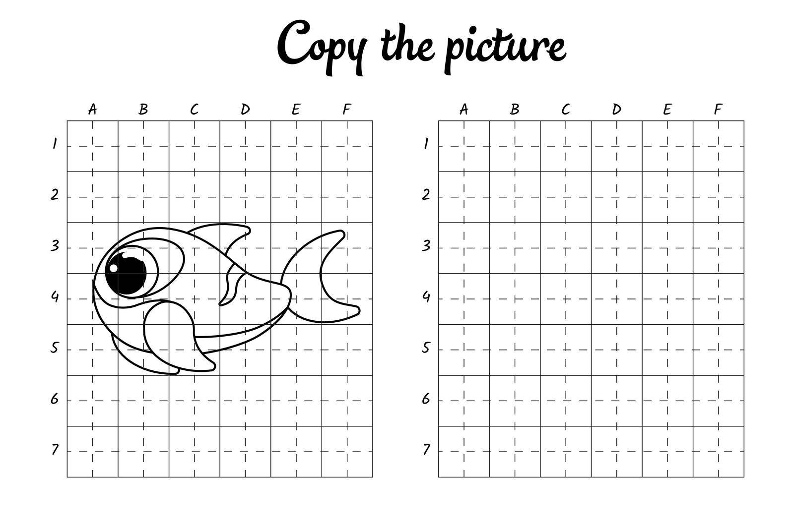 Copy the picture. Draw by grid. Coloring book pages for kids. Handwriting practice, drawing skills training. Education developing printable worksheet. Activity page. Cute cartoon vector illustration. by Melnyk