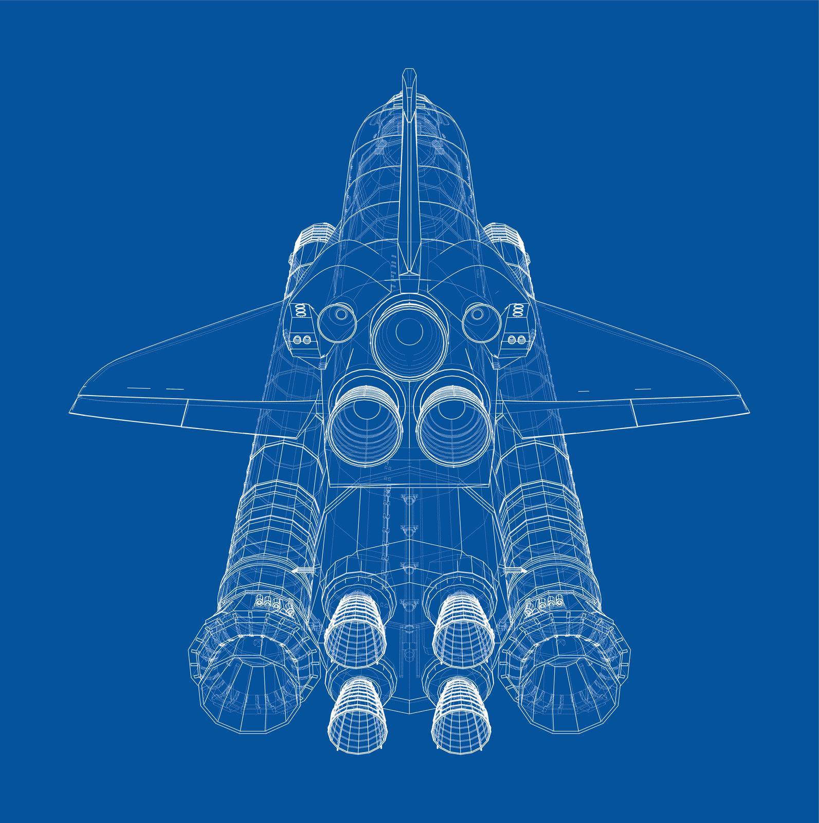 Rocket carrying space shuttle. Vector rendering of 3d. Wire-frame style. Elements of this image furnished by NASA