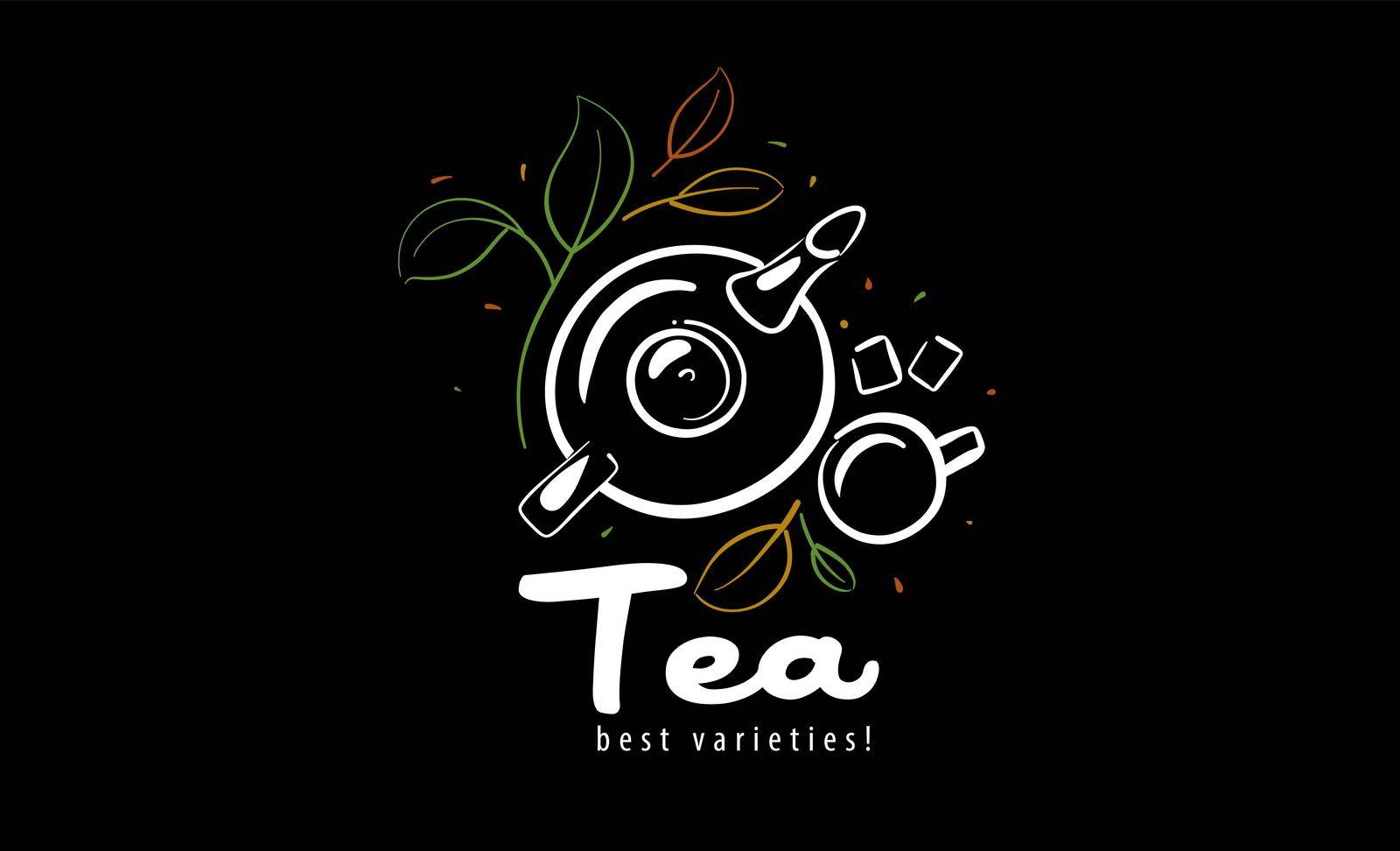 Vector logo with a painted teapot, a cup of tea and leaves on a black background.