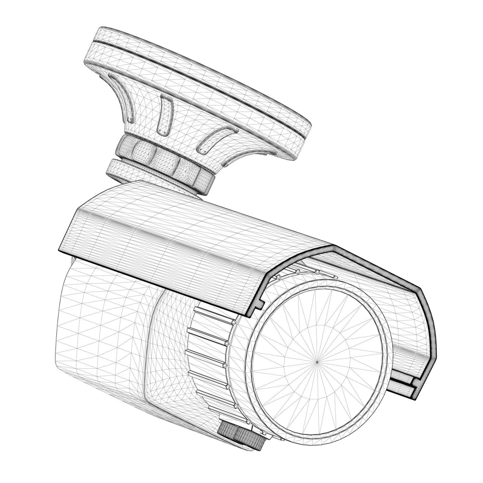 Wireframe cctv camera from black lines isolated on white background. Front view. 3D. Vector illustration by Slim3D