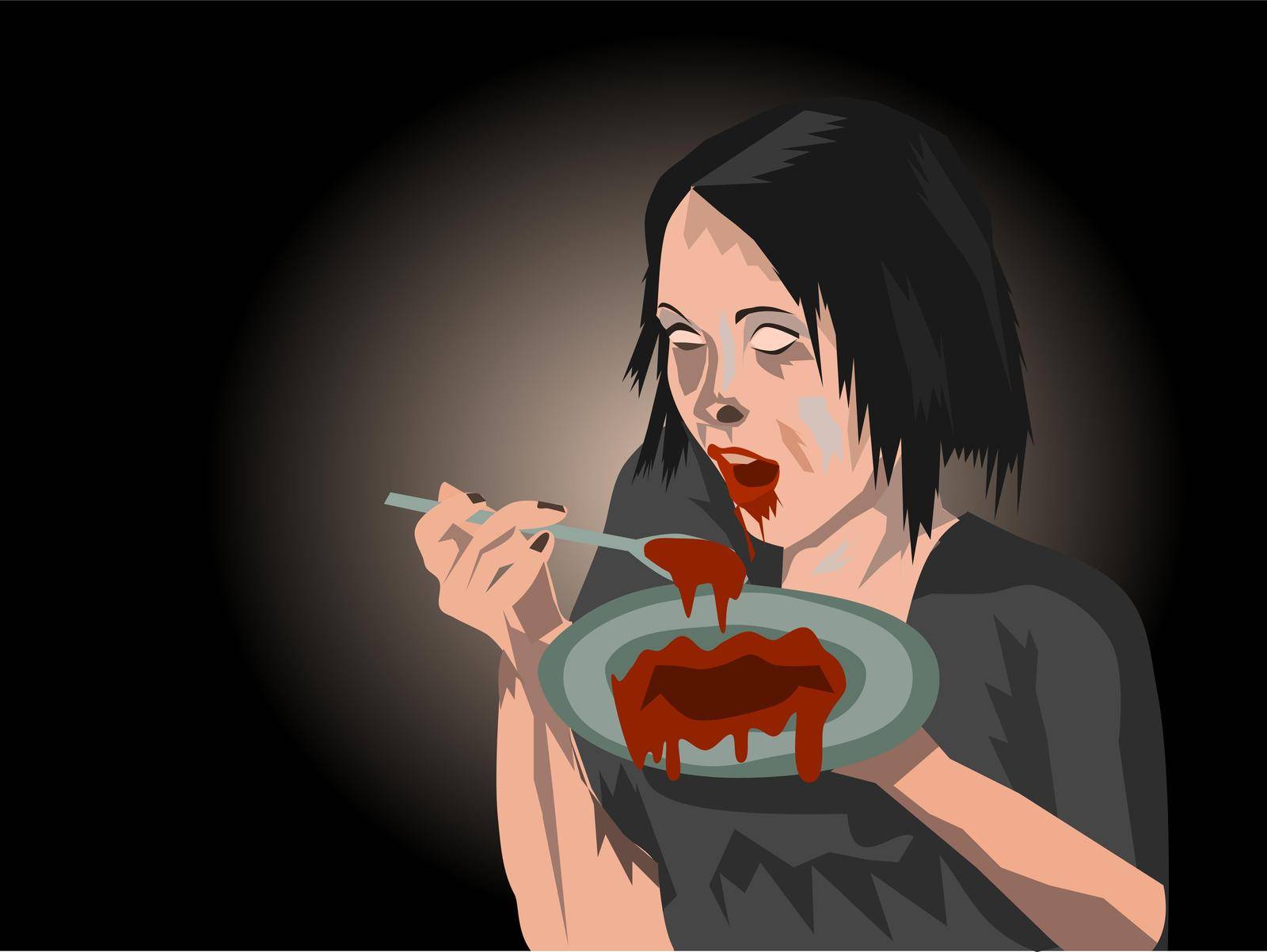 Wicked woman using a spoon to eat blood in a plate with black background. by moo12