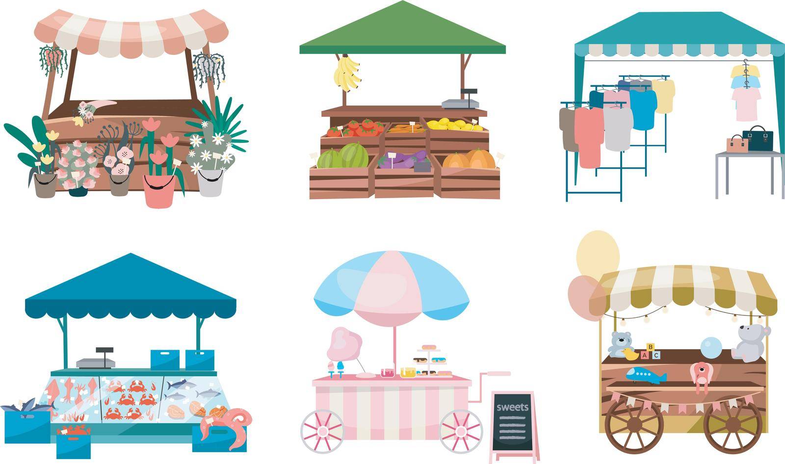 Market stalls flat vector illustrations set. Fair, funfair trade tents, outdoor kiosks and carts. Street shopping places cartoon concepts. Summer market counters for flowers, vegetables, clothes goods