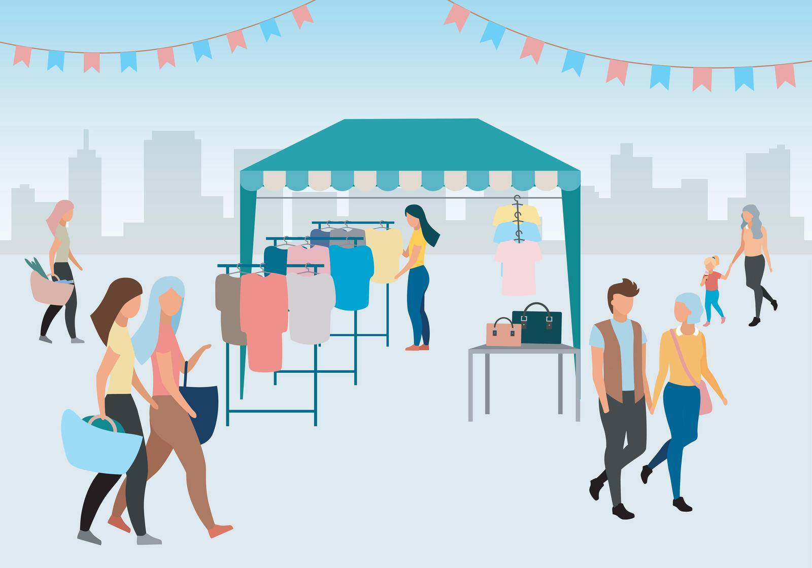 Woman buying clothes at street market flat vector illustration. Trade tent, fair awning. Buyer at outdoor local clothing store, shop. People walk summer fair. Market tent with second hand clothes by ntl