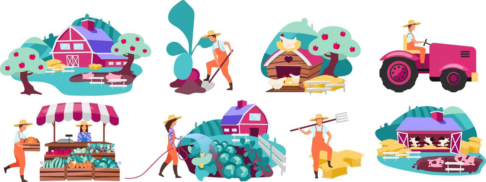 Farm flat vector illustrations set. Horticulture and vegetable gardening. Farmers market produce concept. Cattle, livestock and poultry farming. Agricultural plantation. Rural, village farmland by ntl