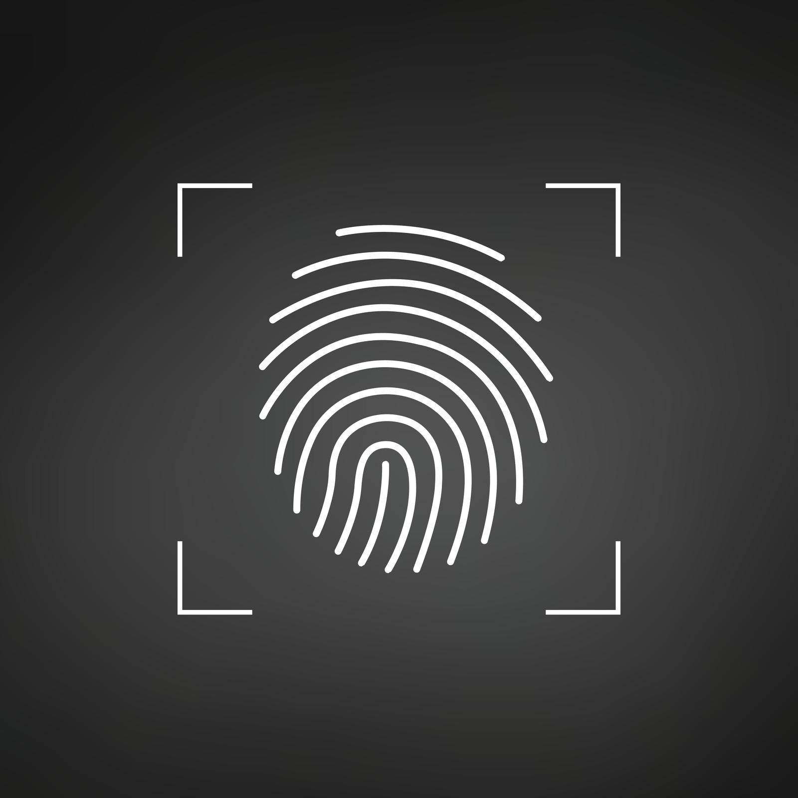 Fingerprint. Simple icon for logo or app. White object in camera autofocus on dark background. Scan frame. Vector illustration isolated on white