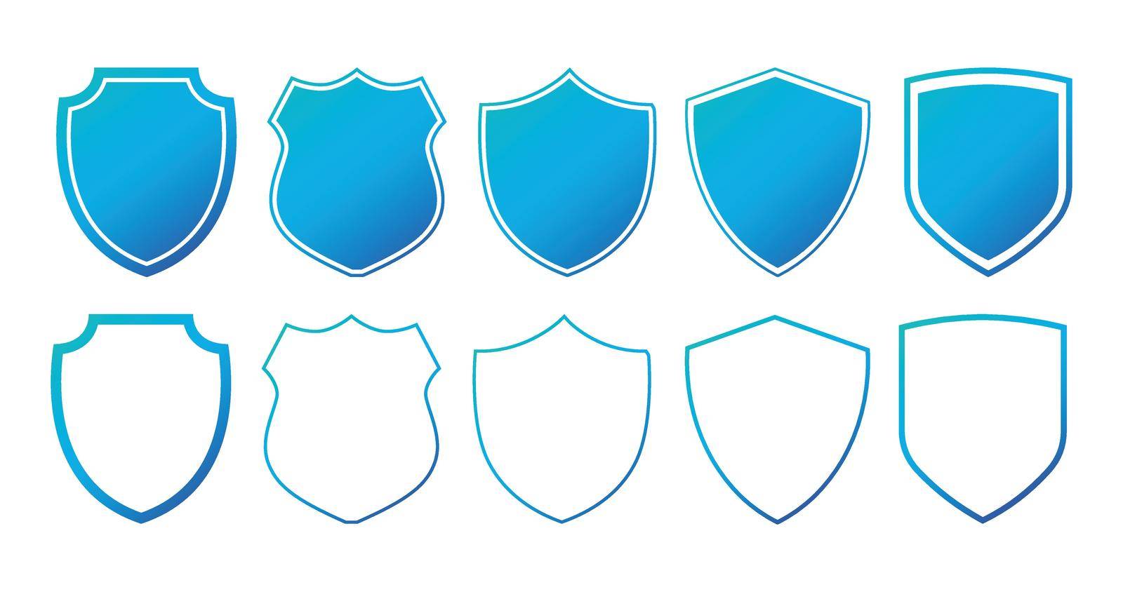 set of flat blue shields with contours. Vector illustration isolated on white