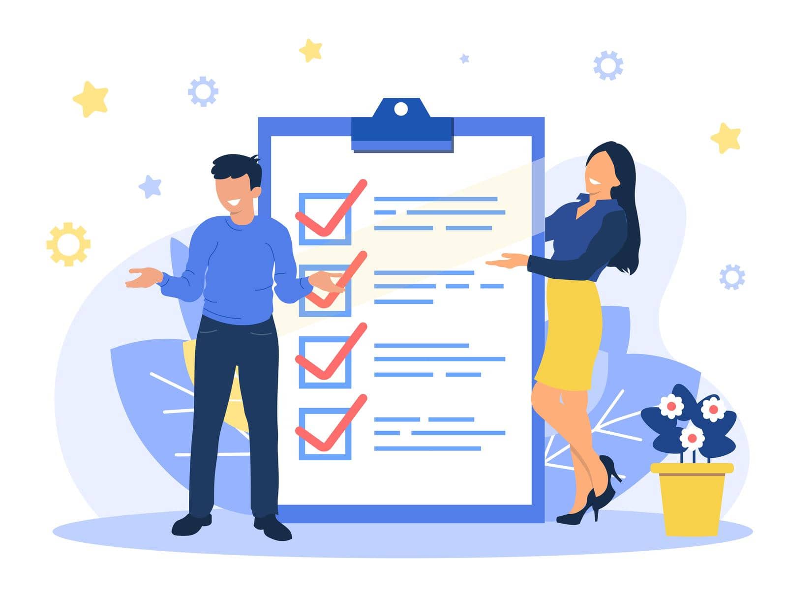 A positive business man and woman point to the direction marked with a checklist on chalkboard paper. Successfully complete business assignments. Flat vector illustration. EPS by Alxyzt