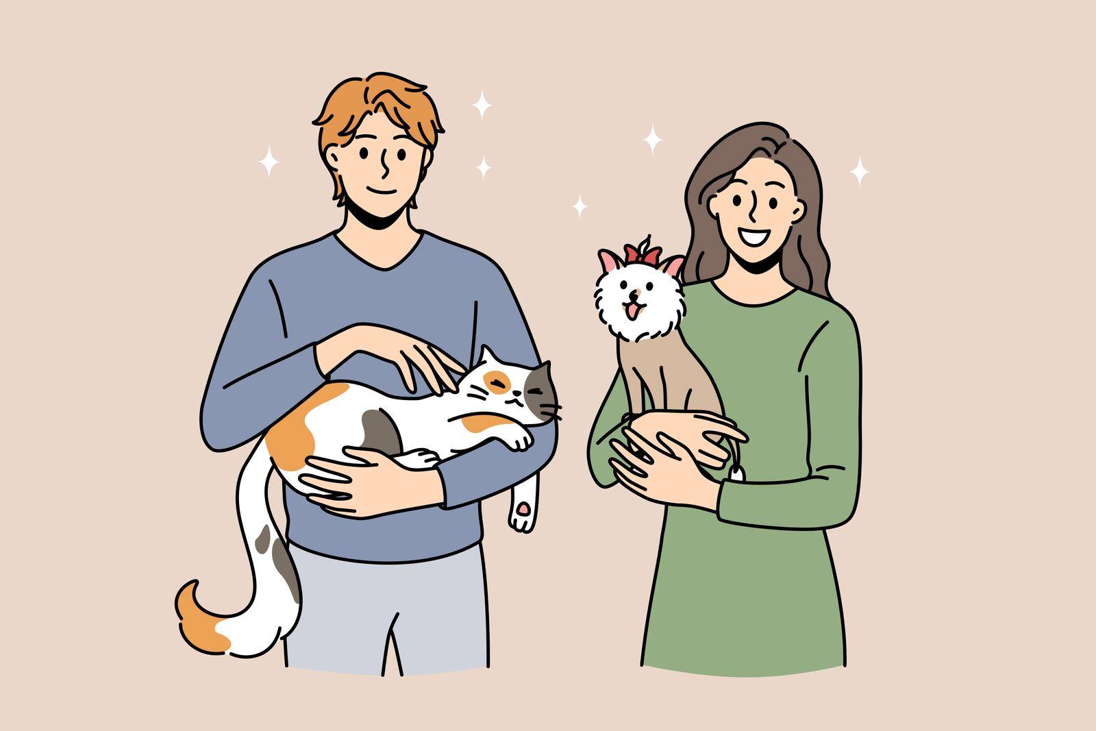 Enjoying animals and pets concept. Young smiling couple woman and man standing and holding cat and small dog on hands feeling love vector illustration