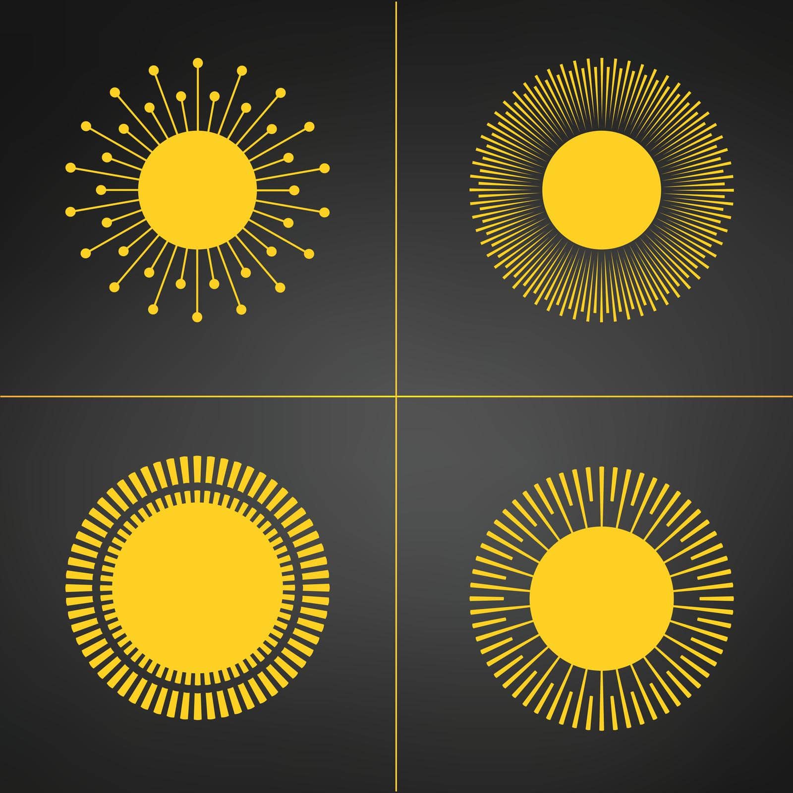 Yellow Sun burst icon or logo set. Modern simple flat sunlight, sign. Business, internet concept. Trendy vector summer symbol. Logo Vector illustration isolated on black background. by Kyrylov
