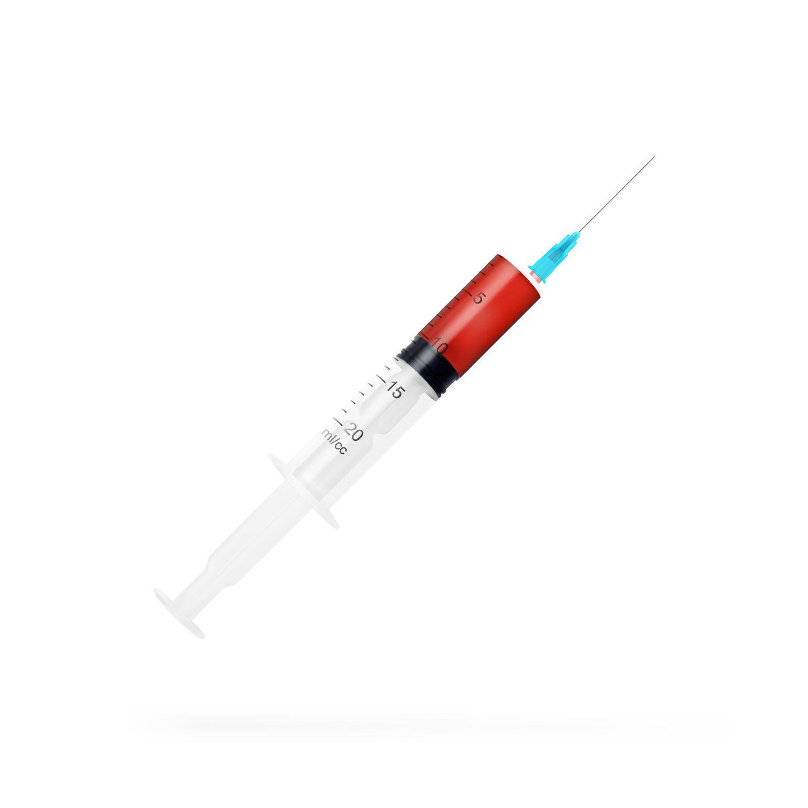 Realistic Syringe With Blood Isolated On White Background by VectorThings