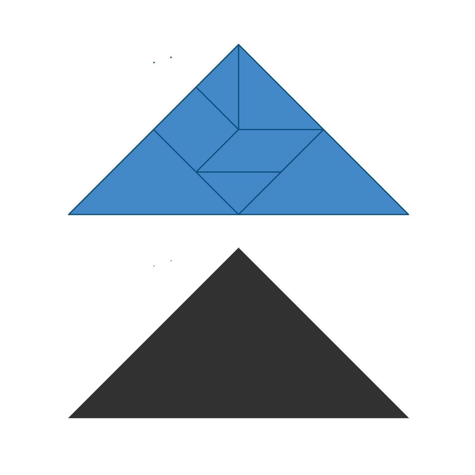 Tangram. Traditional Chinese dissection puzzle, seven tiling pieces - geometric shapes: triangles, square rhombus , parallelogram. Board game for kids that helps to develop analytical skills.