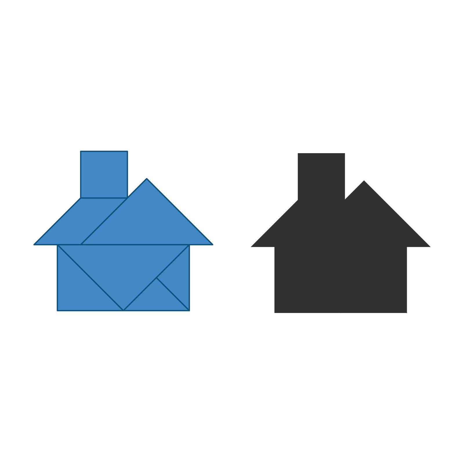 House Tangram. Traditional Chinese dissection puzzle, seven tiling pieces - geometric shapes: triangles, square rhombus , parallelogram. Board game for kids that helps to develop analytical skills.