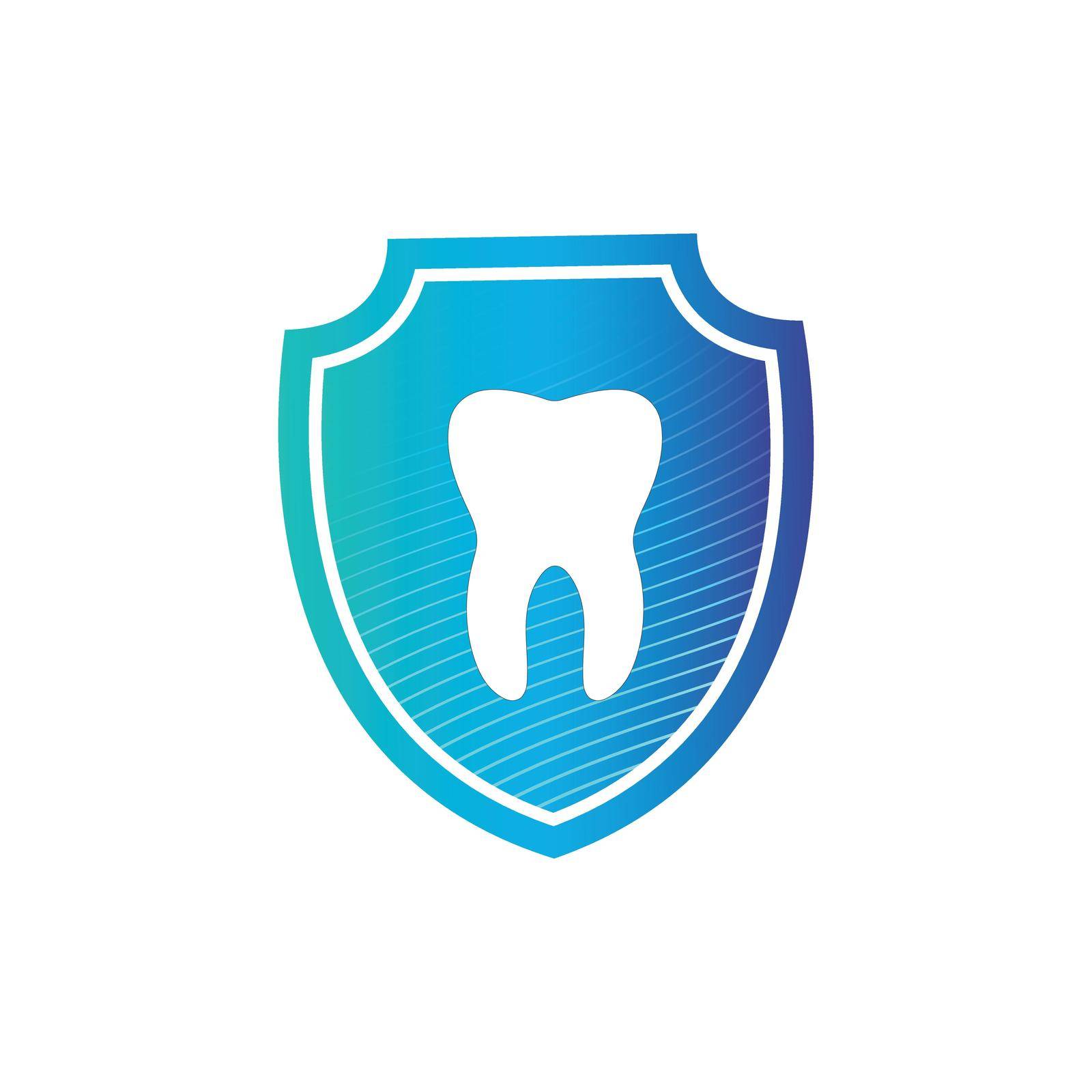 Clean and strong white tooth in protection shield with glittering bright aura protection light element on blue background vector illutration eps10