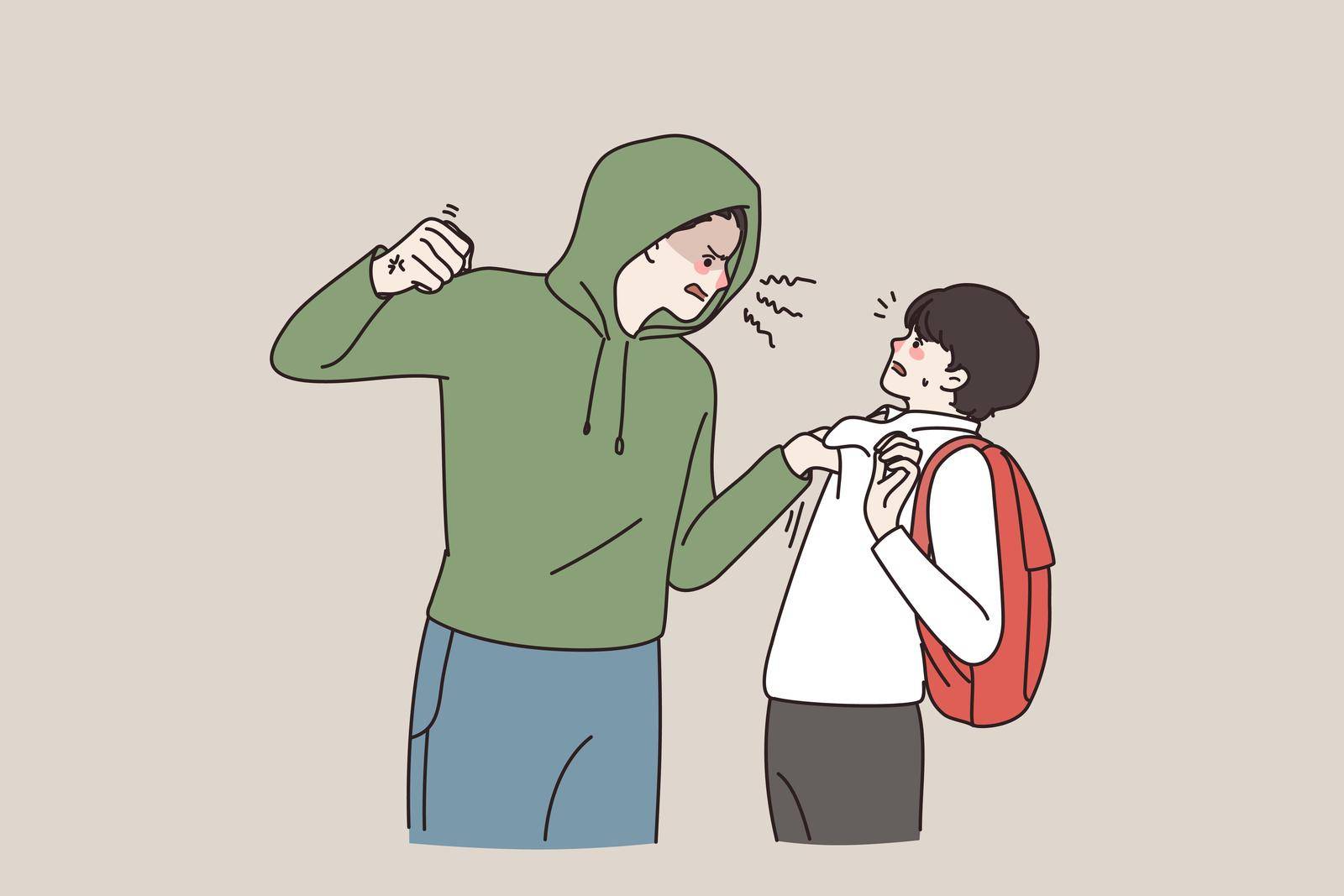 Furious big guy threaten bullying small boy pupil. Scared terrified little schoolboy afraid of aggressive classmate. Teenage problems, discrimination concept. Flat vector illustration.