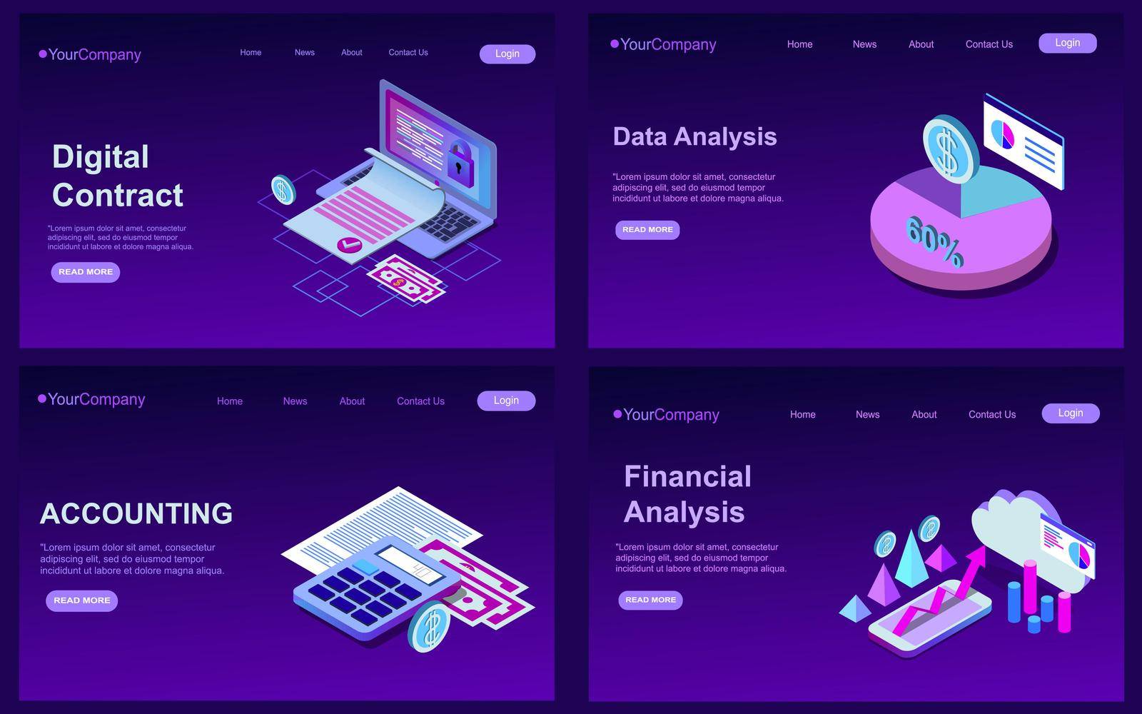 Set of Website templates, Concept for business technologies, data analysis, adaptive design. Vector illustration concepts for website. EPS by Alxyzt
