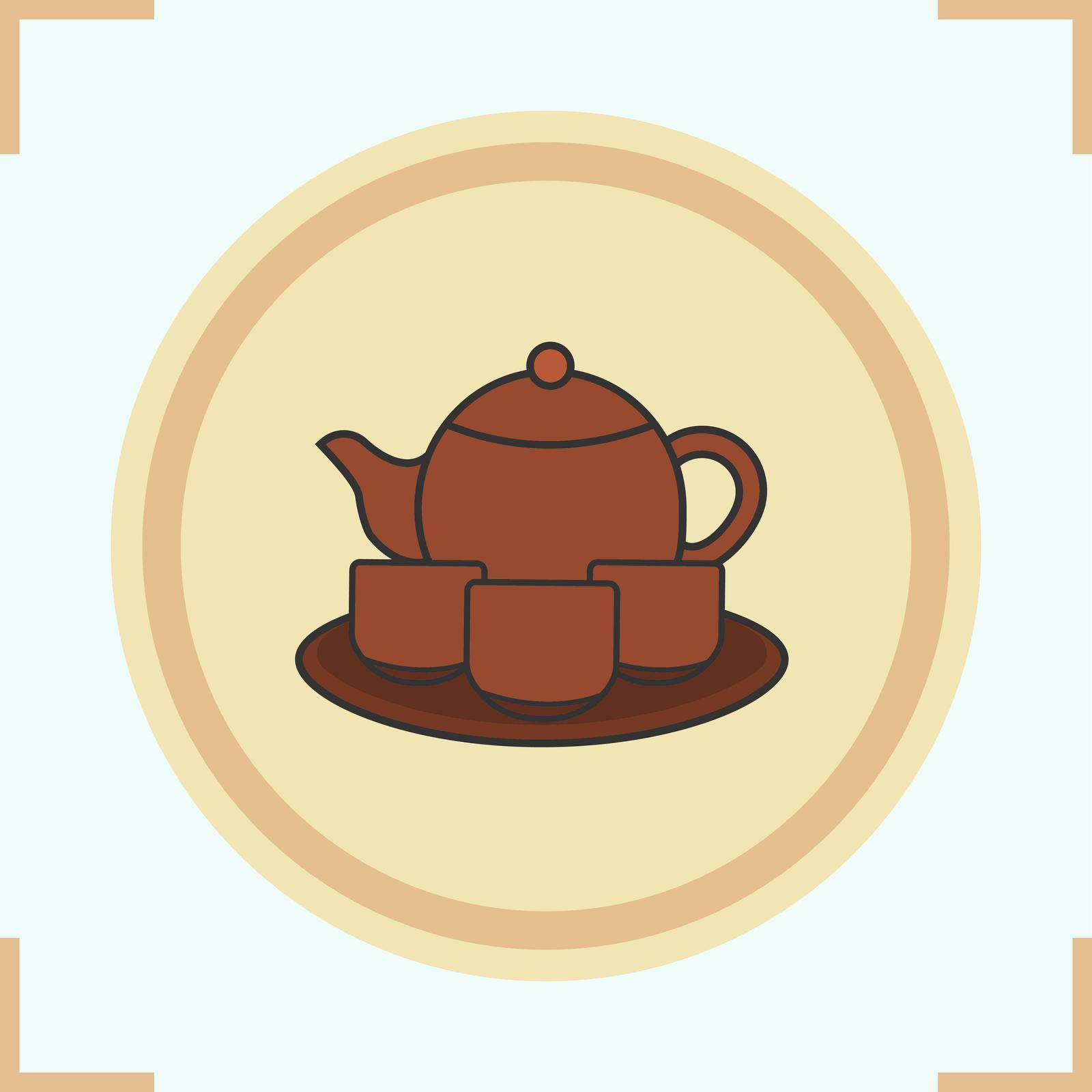 Tea set color icons set. Teapot, cups and plate. Vector isolated illustration