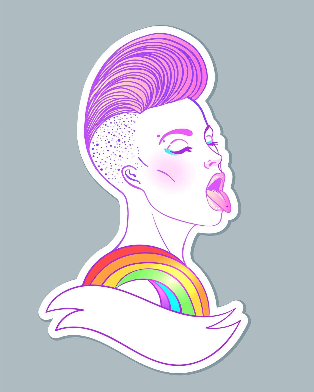 Portrait of a young pretty caucasian woman with short side shaved haircut showing rainbow tongue. LGBT concept. Vector illustration isolated on white. Hand drawn art of a lesbian girl.