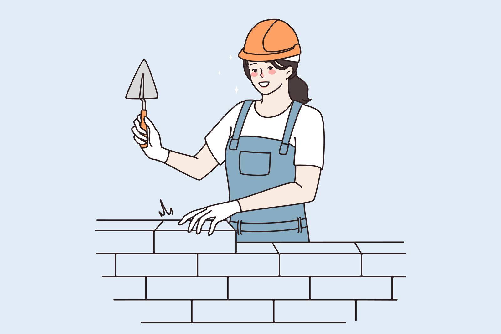 Working in construction, repairman concept. Young smiling woman bricklayer working with spatula at construction site vector illustration