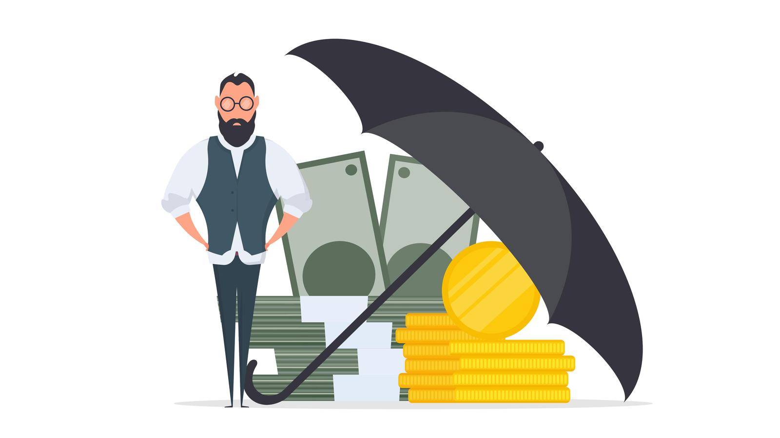 Businessman under the umbrella. Business conservation concept. Business is protected from risks. Isolated. Vector. by Javvani