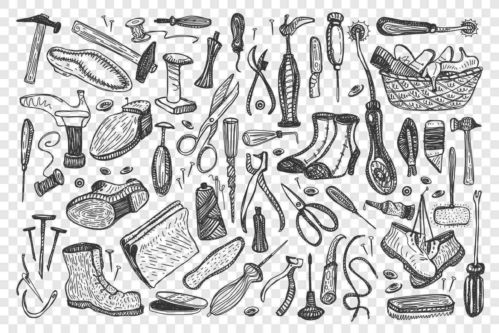 Shoemaking doodle set. Collection of male female boots repair tailoring atelier instruments isolated on transparent background. Handcrafting fashionable fabric footwear workshop equipment illustration