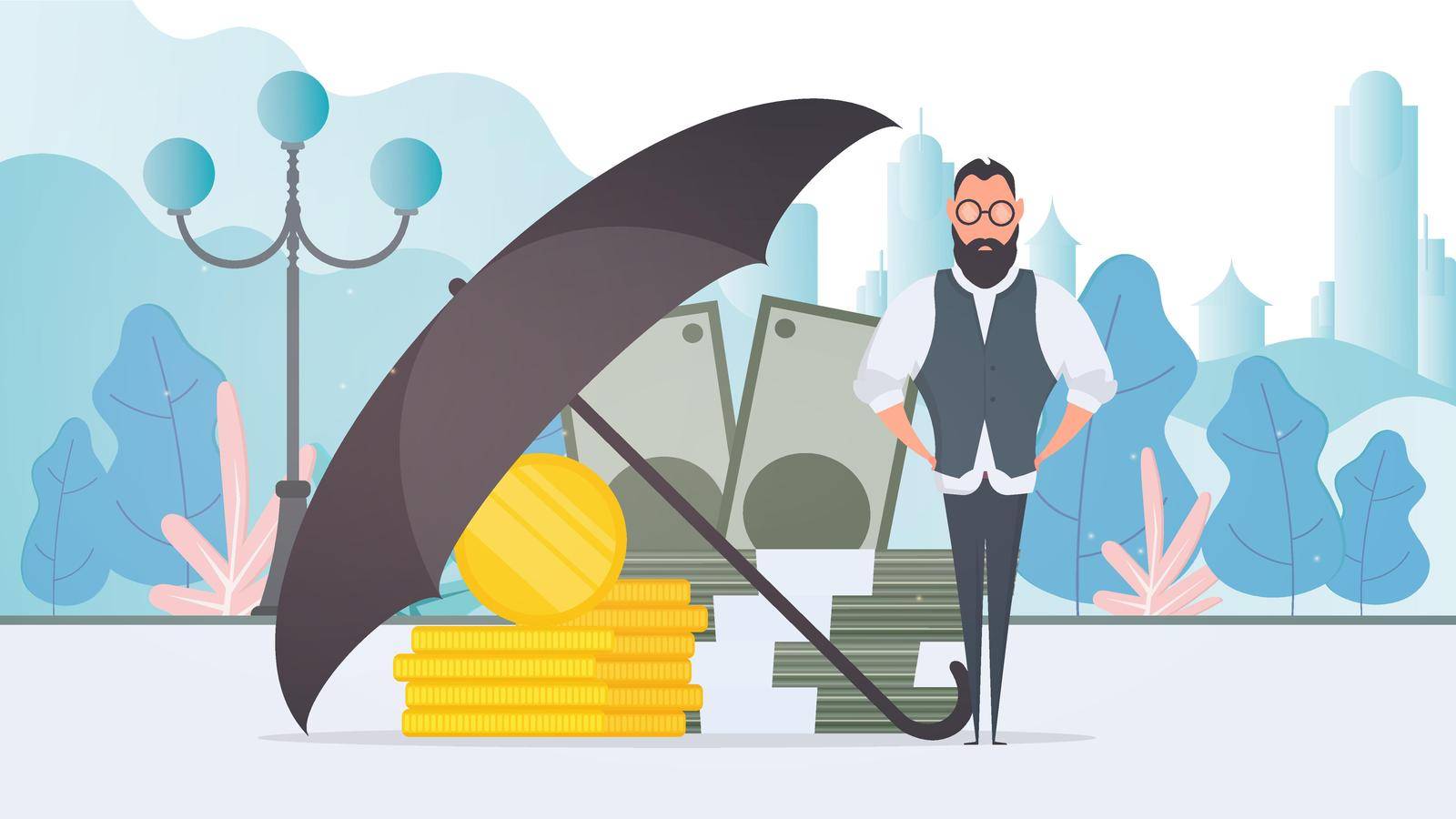 Businessman under the umbrella. Business conservation concept. Business is protected from risks. Vector.