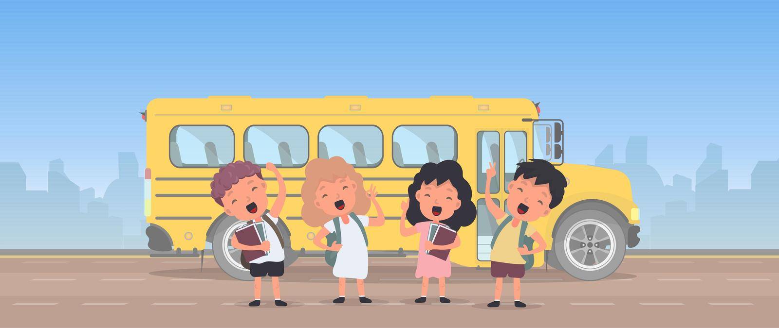 Happy children and a school bus. Children go to school. Yellow bus for school. Vetkor.