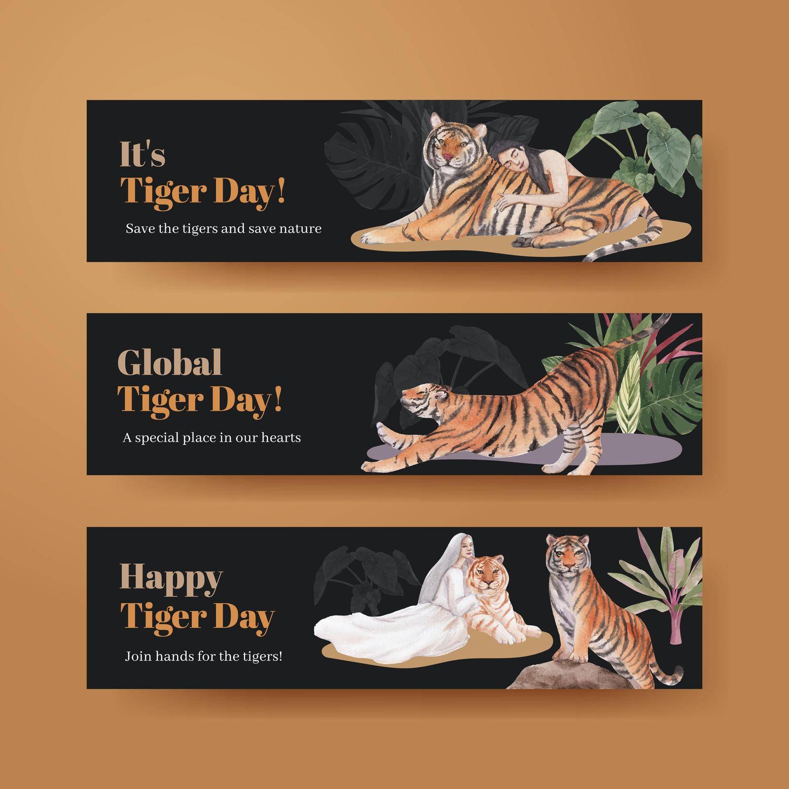 Banner template with international tiger day concept,watercolor style