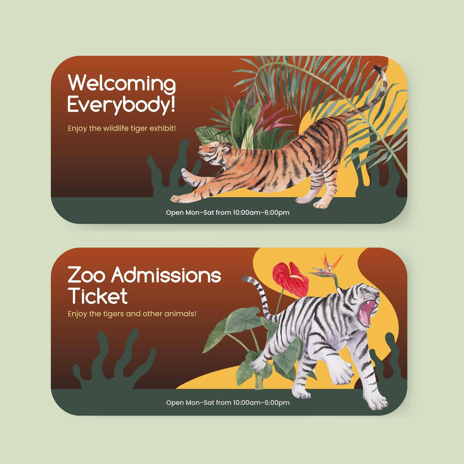 Ticket template with international tiger day concept,watercolor style