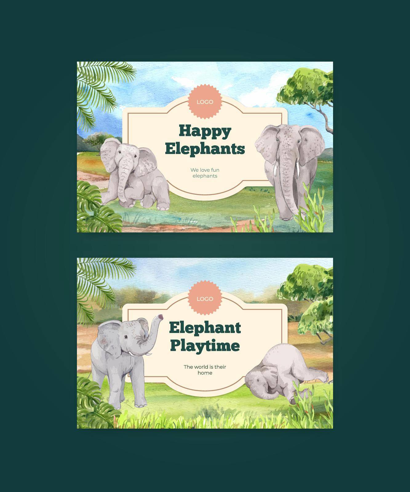 Facebook template with elephant funning concept,watercolor style by Photographeeasia