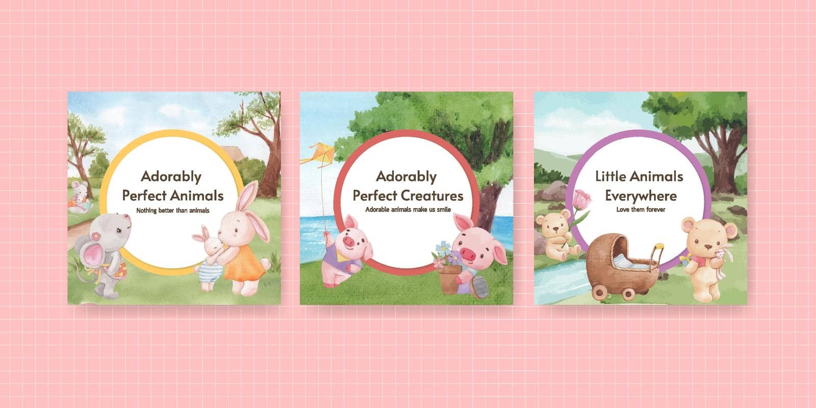 Banner template with adorable animals concept,watercolor style by Photographeeasia