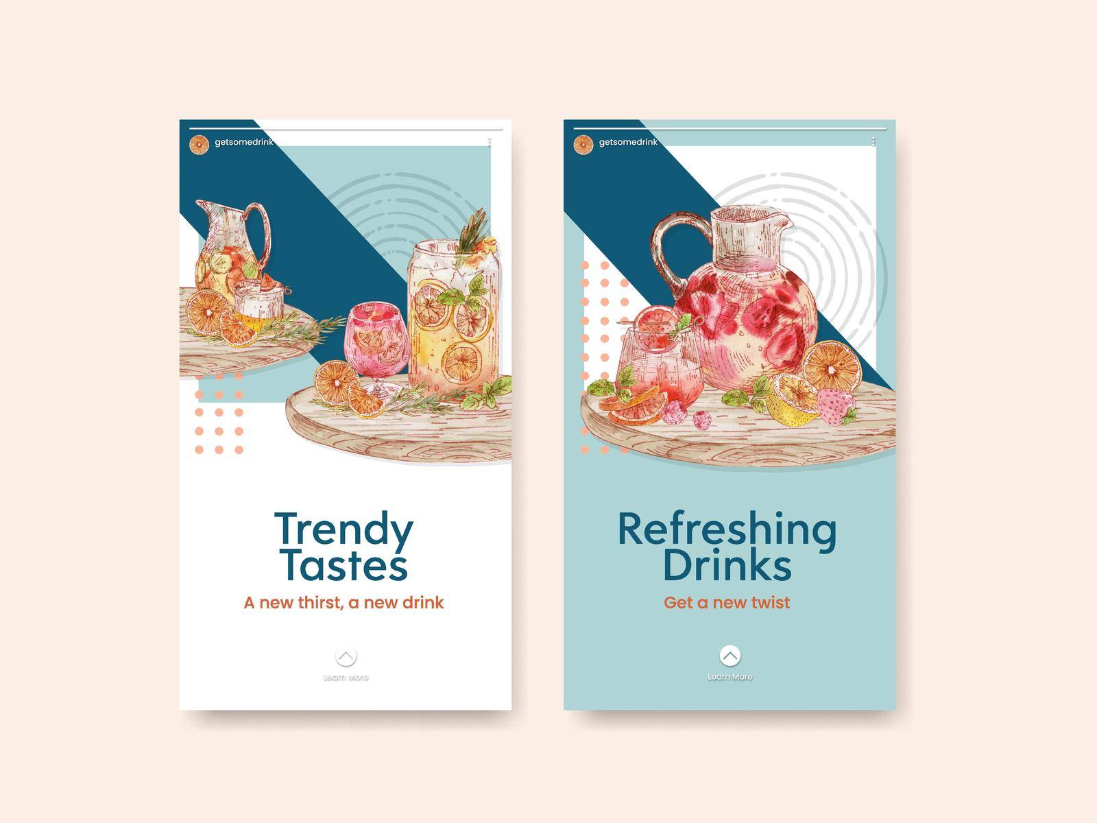 Instagram template with refreshment drinks concept,watercolor style