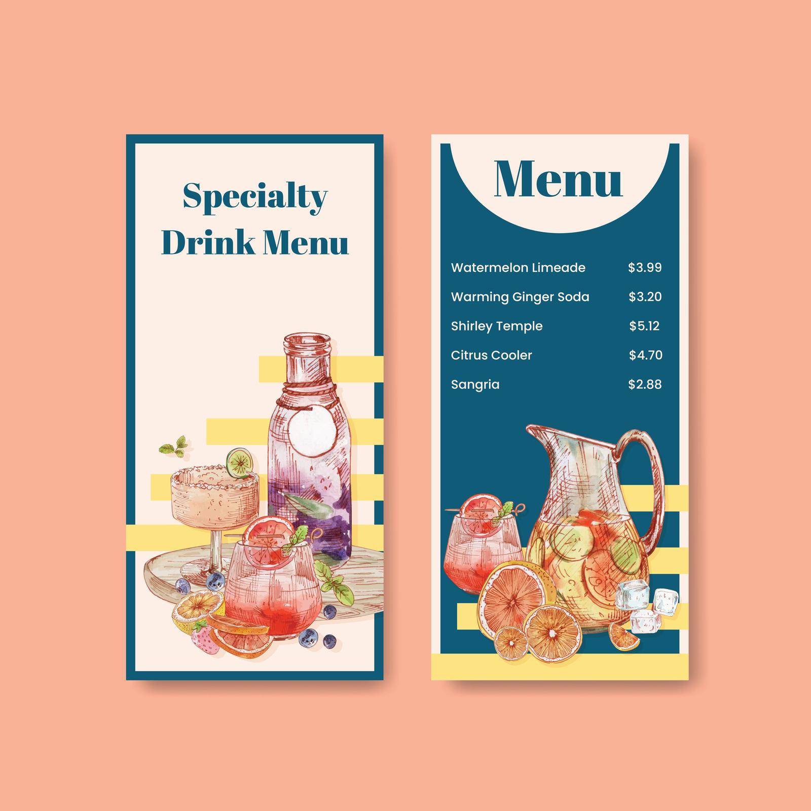 Menu template with refreshment drinks concept,watercolor style by Photographeeasia