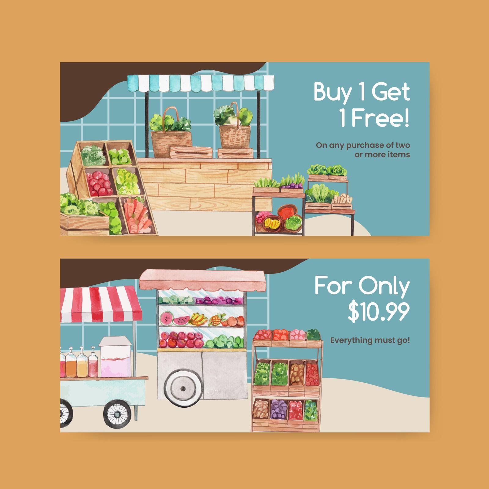 Voucher template with weekend market concept,watercolor style by Photographeeasia