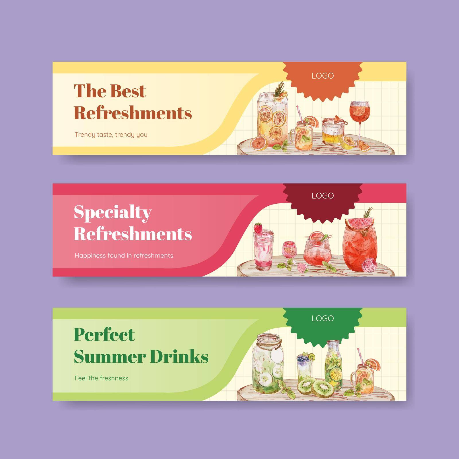 Banner template with refreshment drinks concept,watercolor style by Photographeeasia
