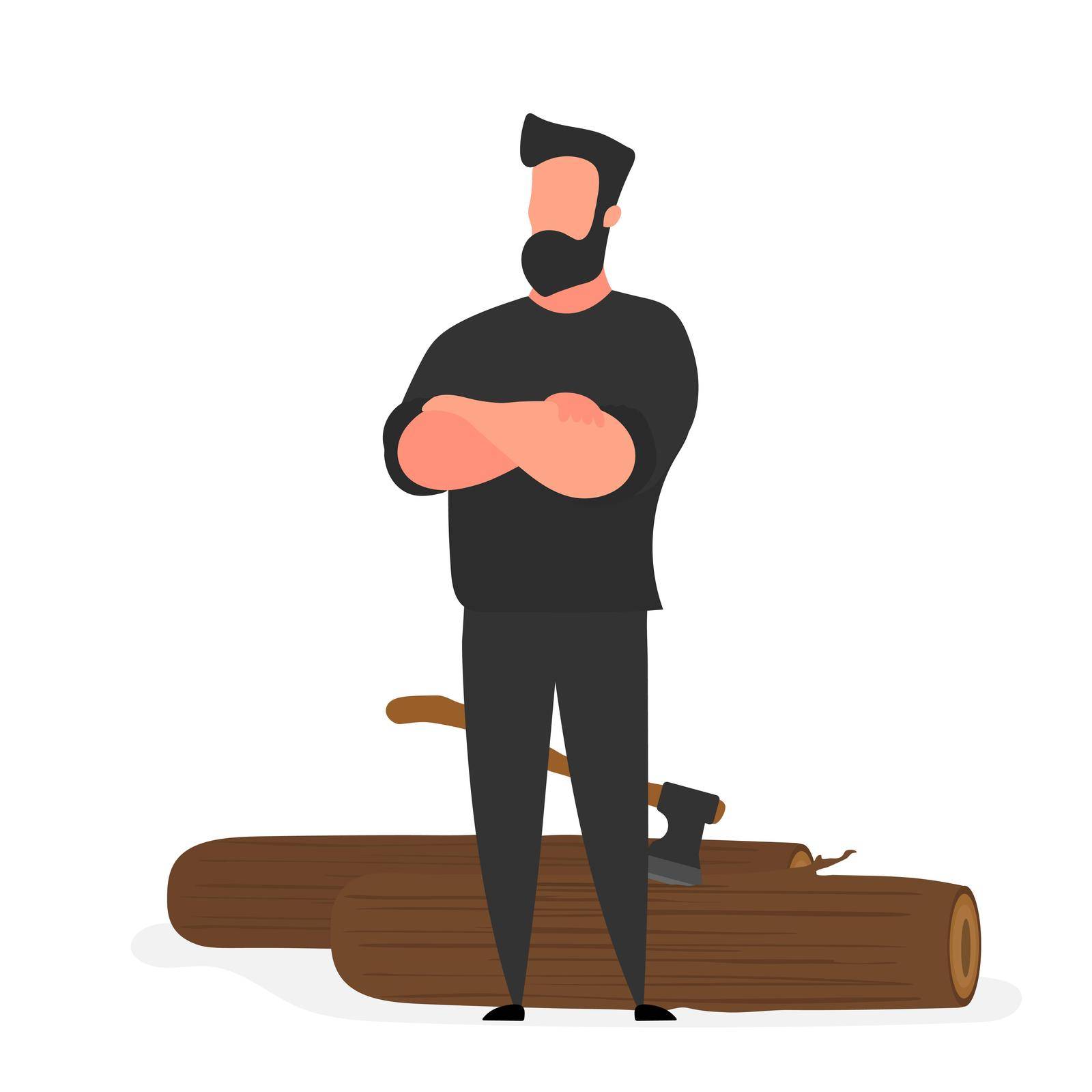 Strong lumberjack. The guy folded his arms over his chest. Large logs and an ax. Isolated. Vector.