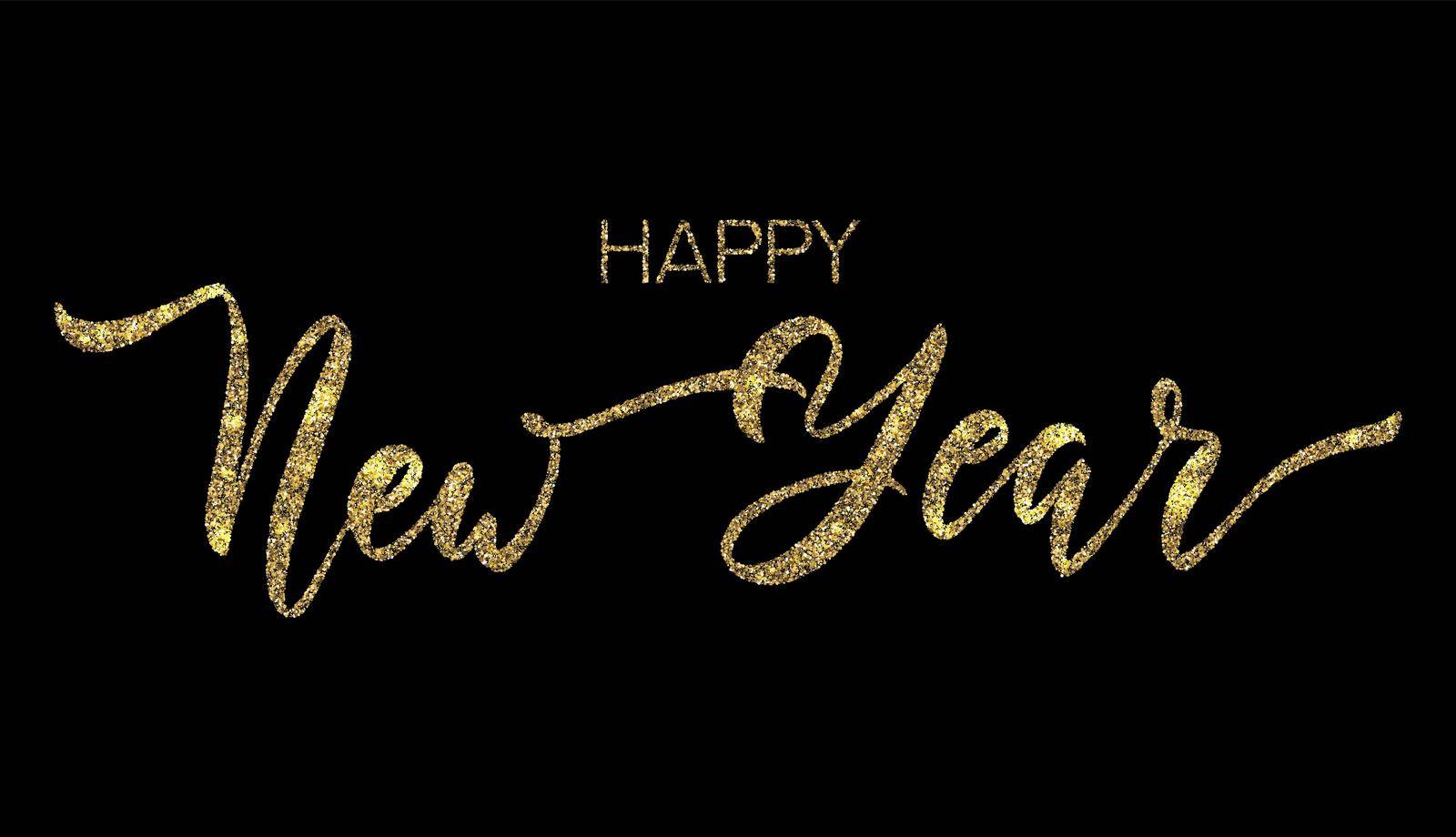 Happy New Year glittering lettering background. Golden sparkles holiday greeting card. New Year calligraphic design. Shiny golden holiday banner. Vector illustration