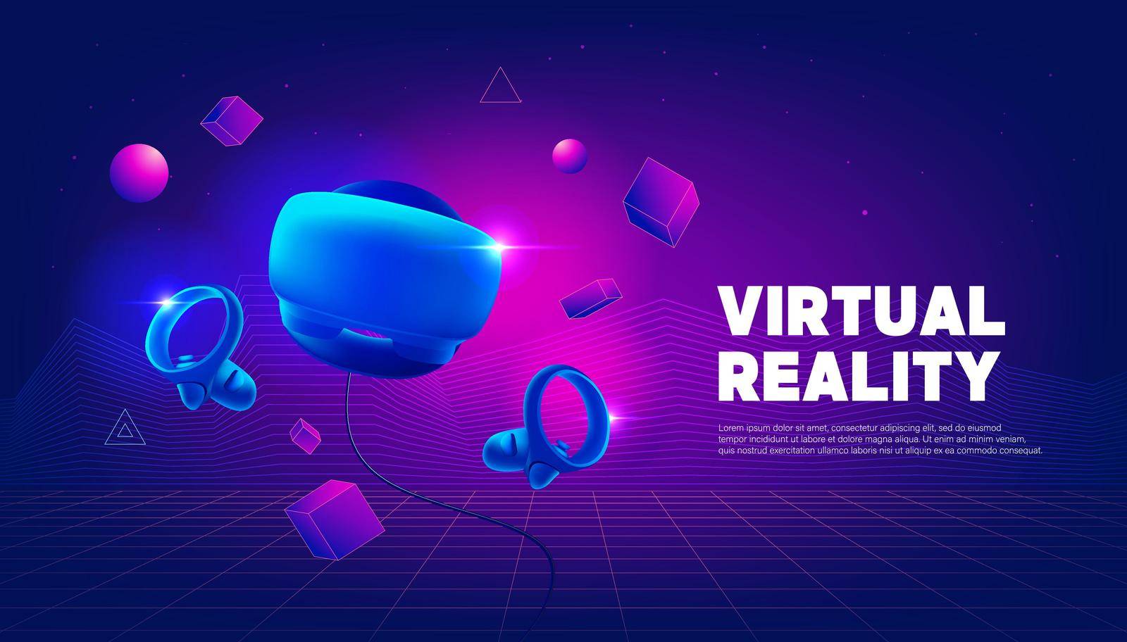 Virtual reality headset and controllers for gaming. VR helmet. Metaverse technology banner template. by windawake