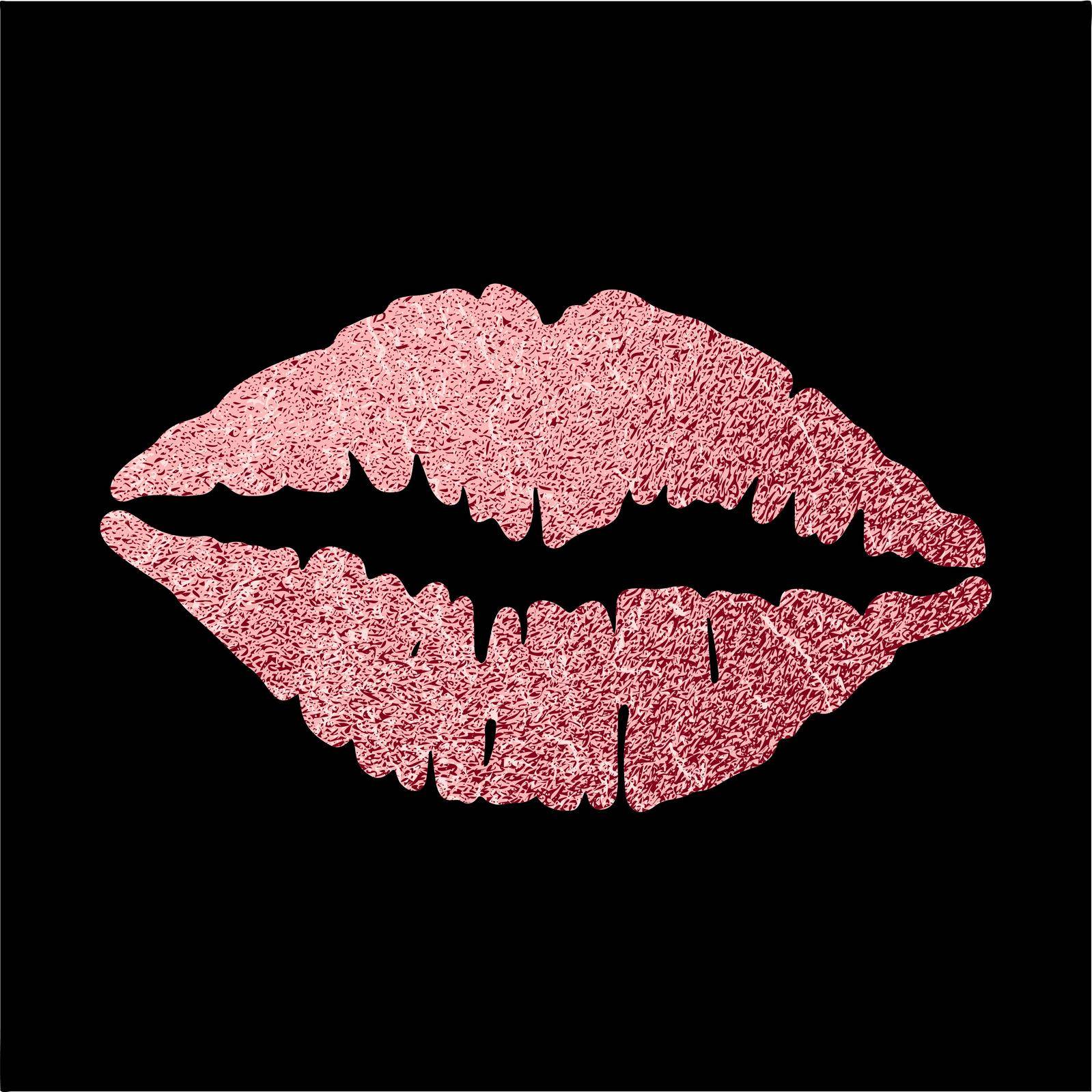 Rose gold luxury lips. Pink Lip icon with glitter shiny effect, lipstick kiss isolated on black background. Vector illustration.