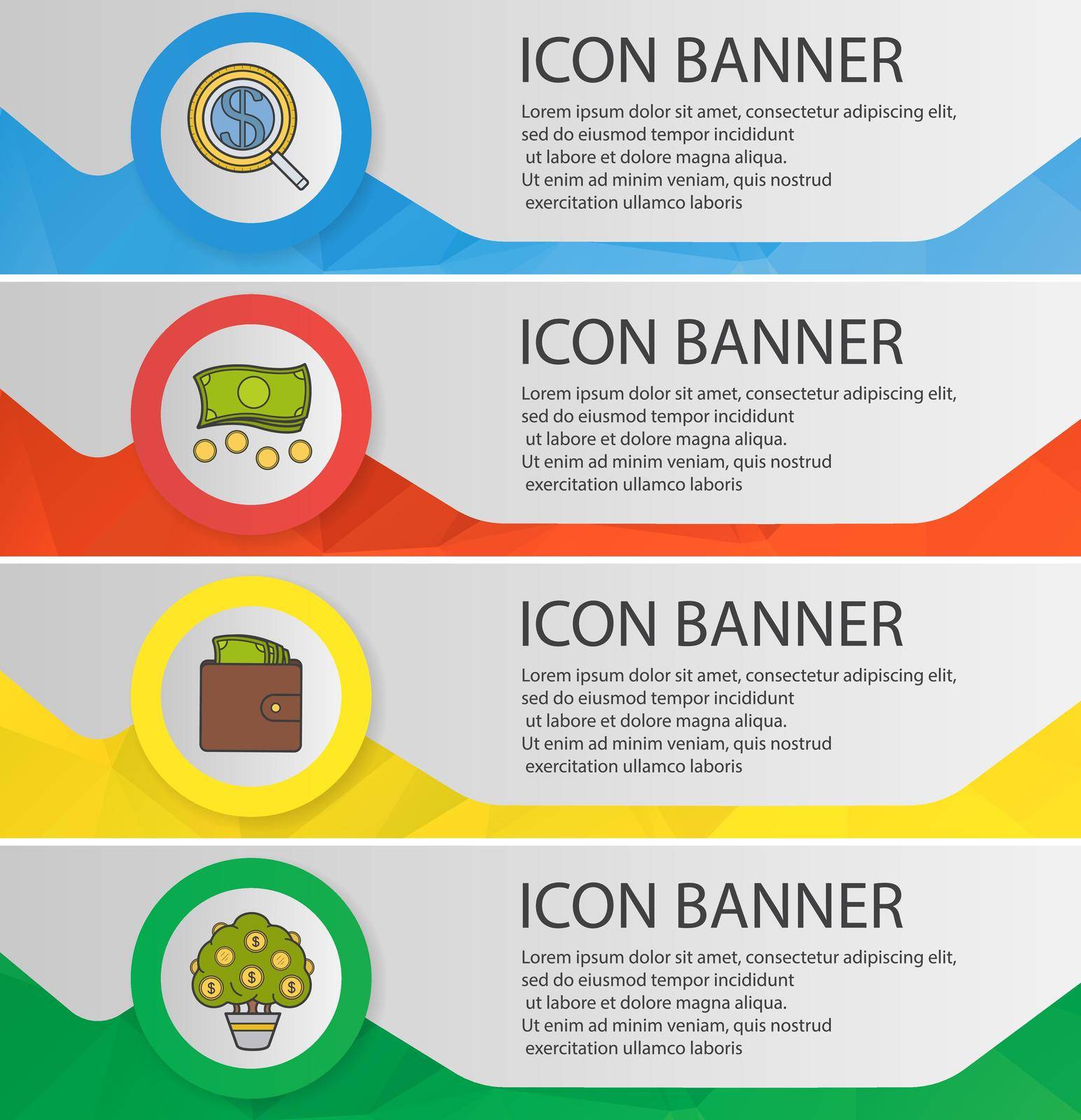 Banking and finance banner templates set. Easy to edit. Investor search, purse with money, cash, money tree website menu items. Color polygonal web banner concepts. Vector backgrounds