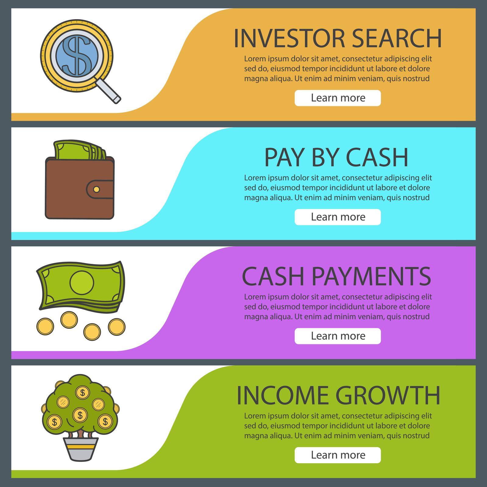 Banking and finance banner templates set. Easy to edit. Investor search, purse with money, cash stack, money tree. Website menu items. Color web banner. Vector headers design concepts
