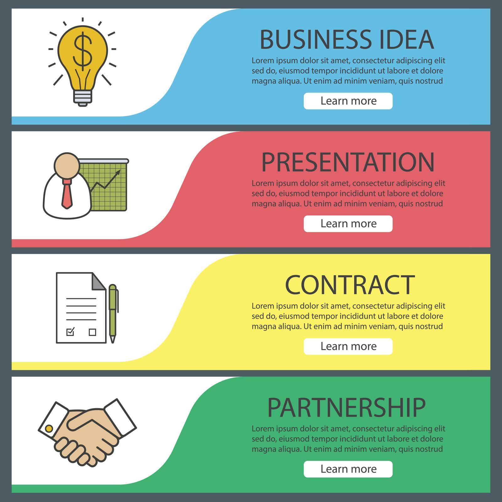 Business banner templates set. Easy to edit. Presentation with graph, signed contract, handshake, successful idea. Website menu items. Color web banner. Vector headers design concepts