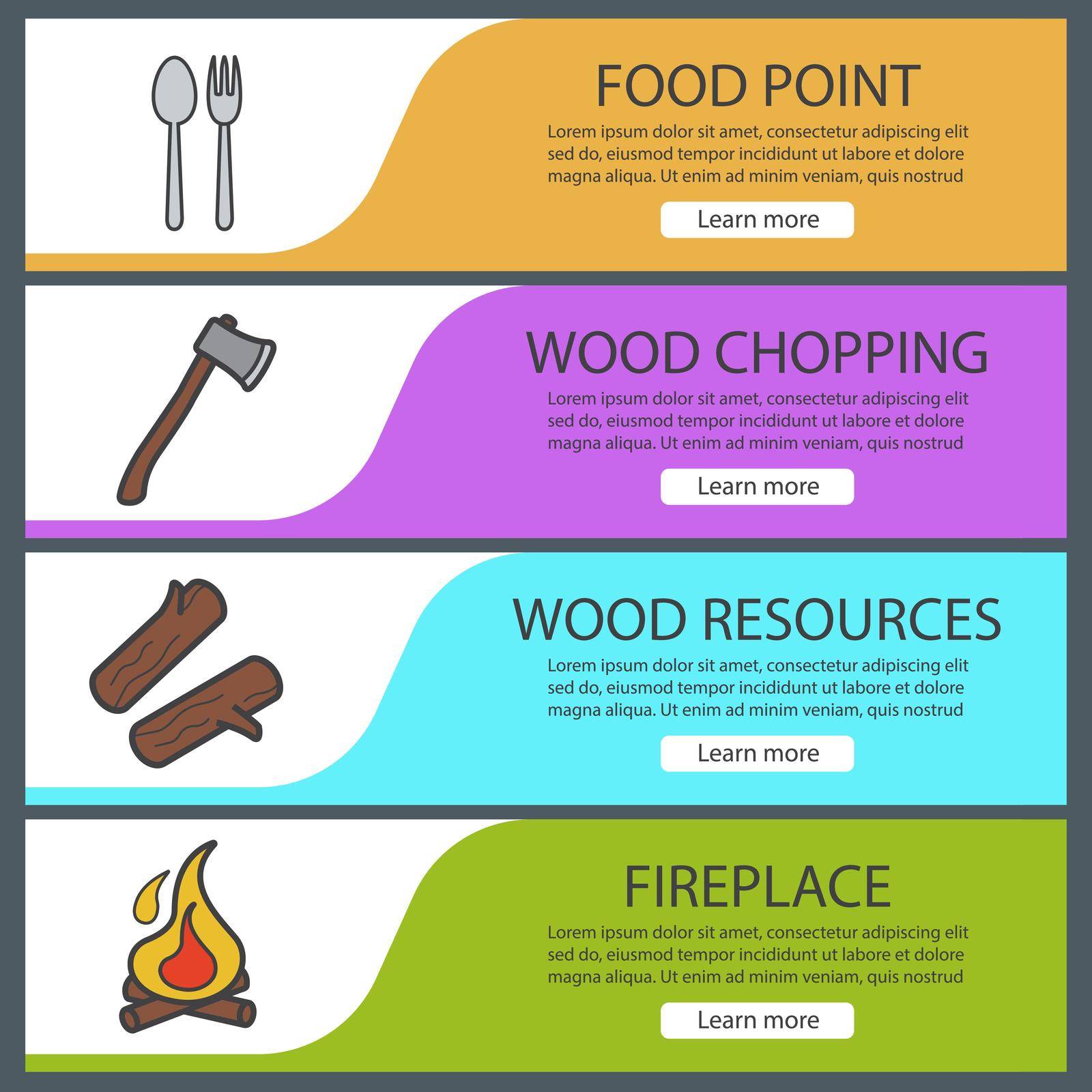 Picnic banner templates set. Easy to edit. Firewood, axe, spoon and fork, bonfire. Website menu items. Color web banner. Vector headers design concepts