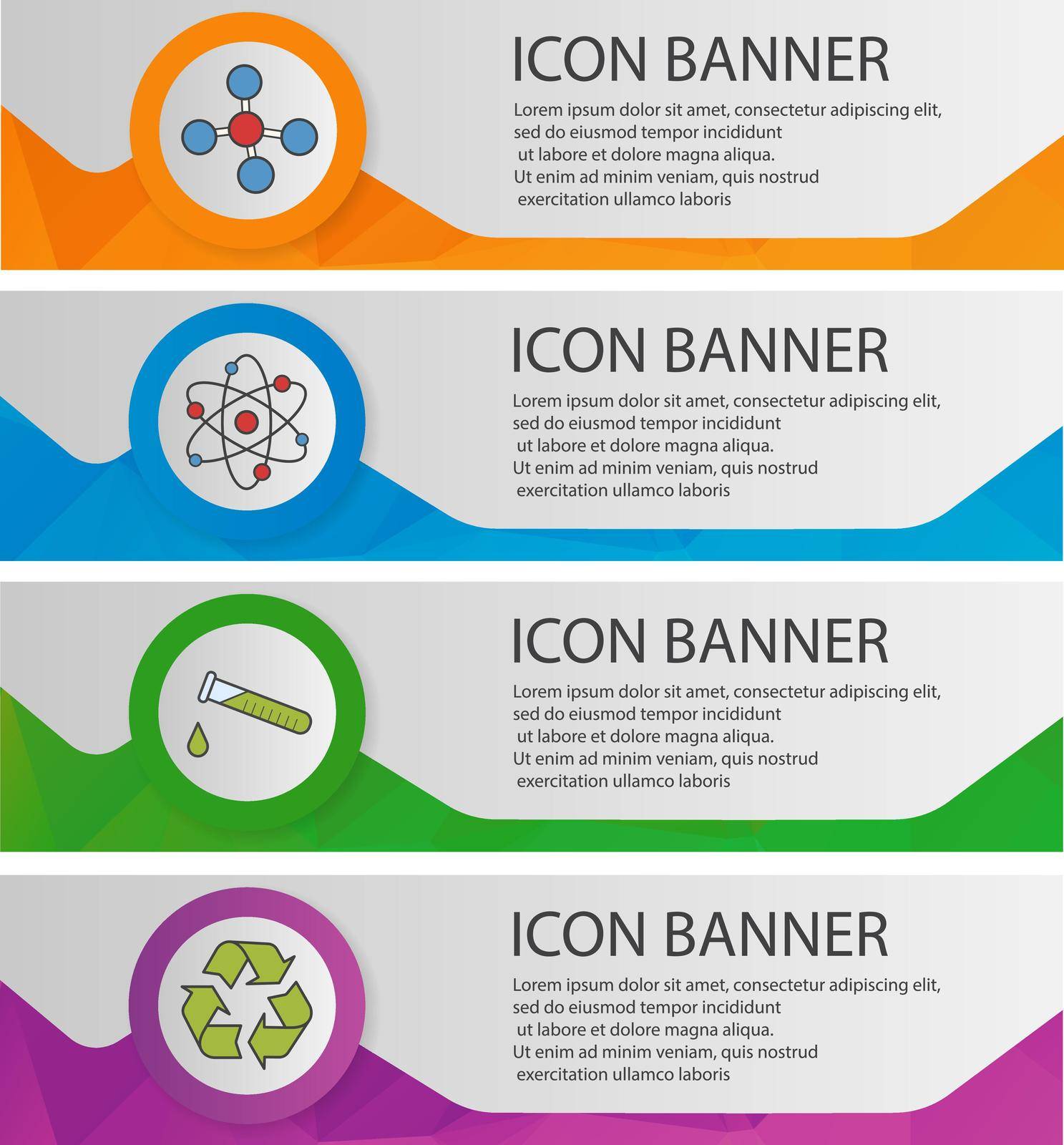 Science lab banner templates set. Easy to edit. Atom and molecule, recycle symbol and chemical test tube website menu items. Color polygonal web banner concepts. Vector backgrounds